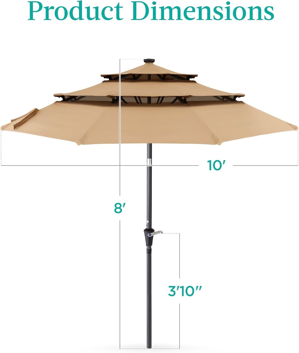 Tan 10ft 3-Tier Solar Patio Umbrella with LED Lights