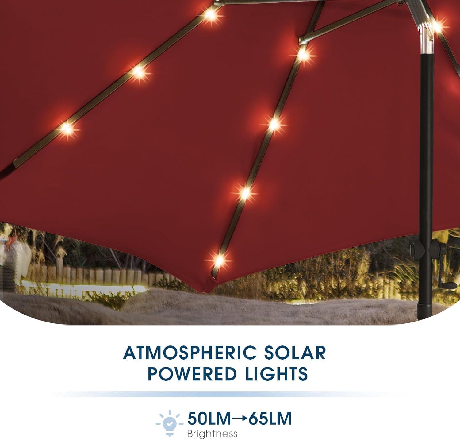 JEAREY Upgrade 9FT LED Lighted Patio Umbrella, Solar Outdoor Umbrella, Tilt Table Umbrella for Pool, Deck & Yard (Red)