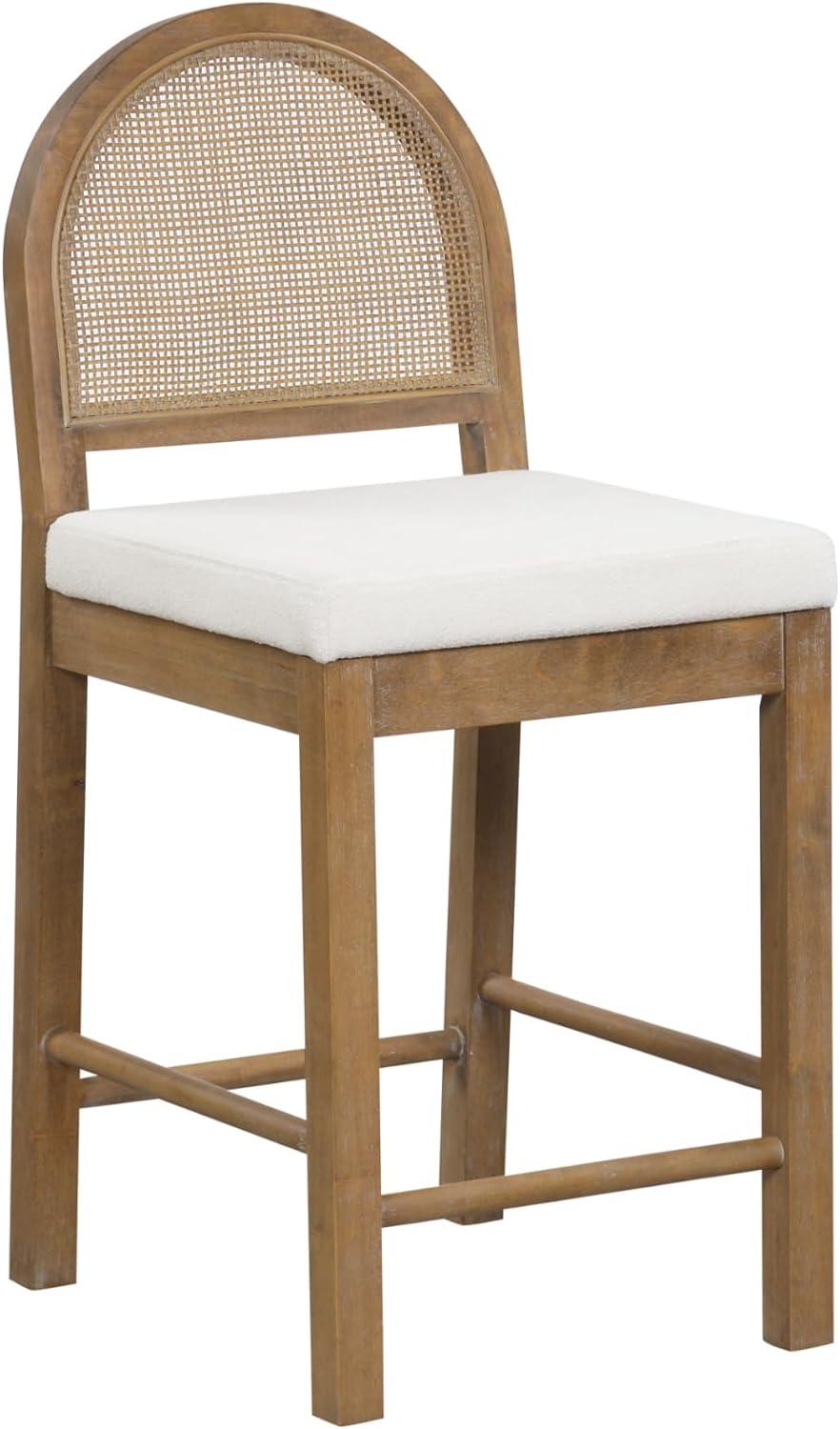 Nathan James Bailey Curved Back Counter Height Barstool Light Brown Wood Rattan Cream Boucle: Upholstered Cotton, Rubberwood Frame