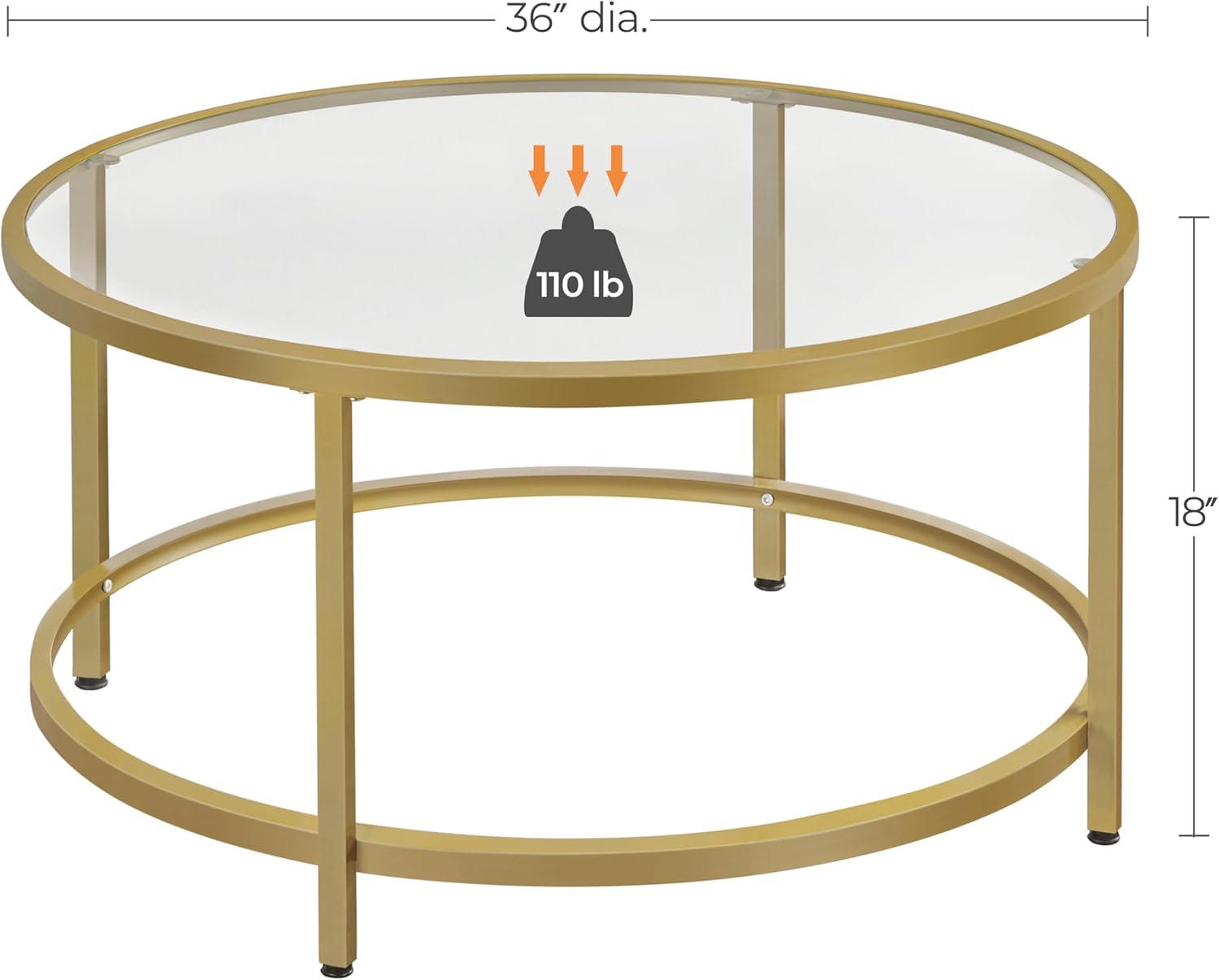 36" Round Glass Coffee Table, Gold Circle Coffee Table Center Table with Glass Top, Small Coffee Table for Living Room, Office and Apartment