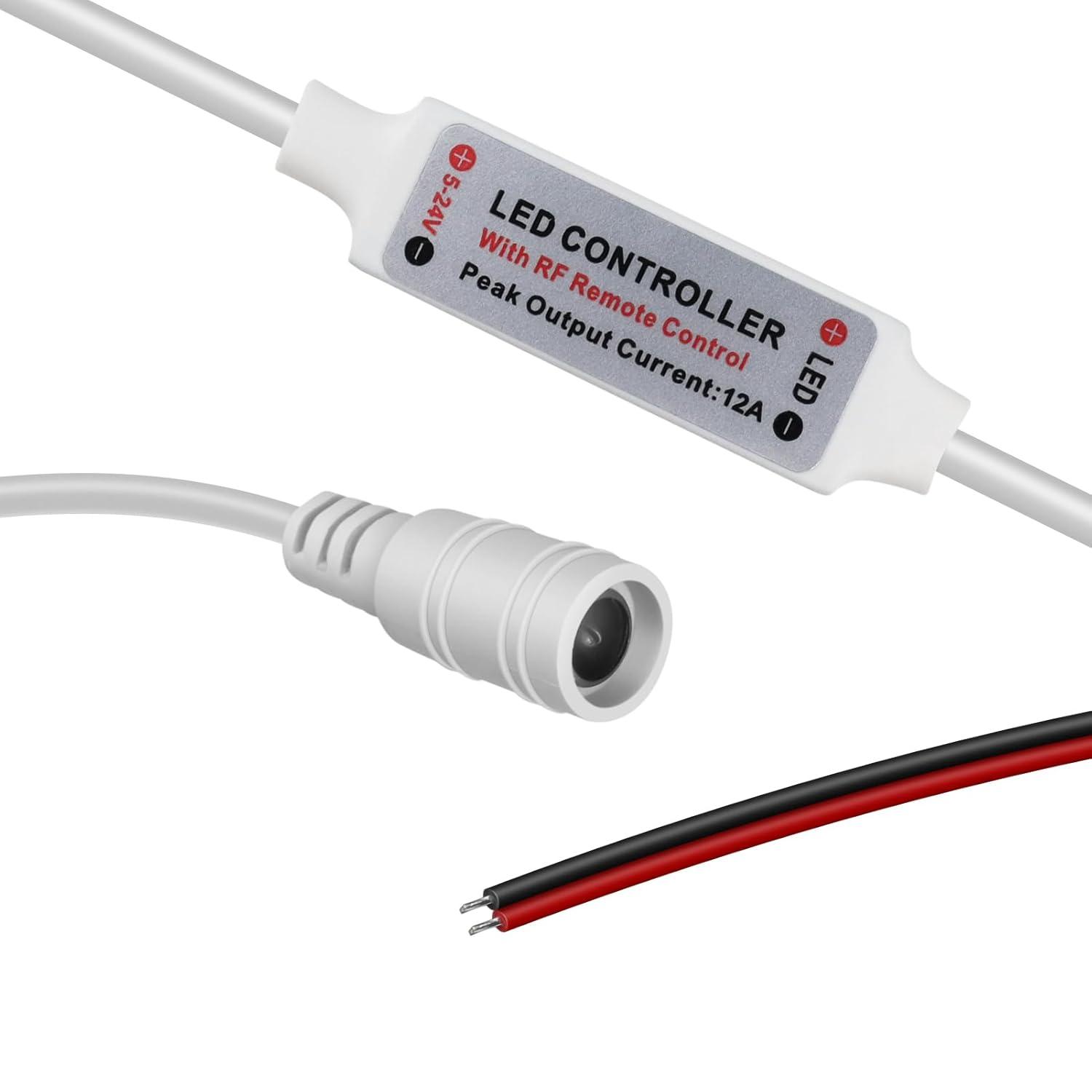 RF Mini Wireless Remote Controller for Single Color 3528 5050 LED Strip Lights, Wireless Remote Control with White DC Connector, RF Dimmer for 12V DC LED Ribbon, Shelf Lights