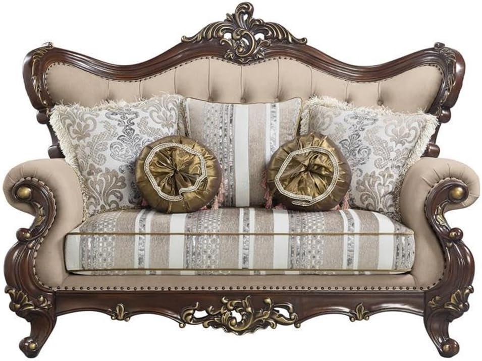 ACME Ragnar Loveseat with 5 Pillows in Light Brown Fabric and Cherry