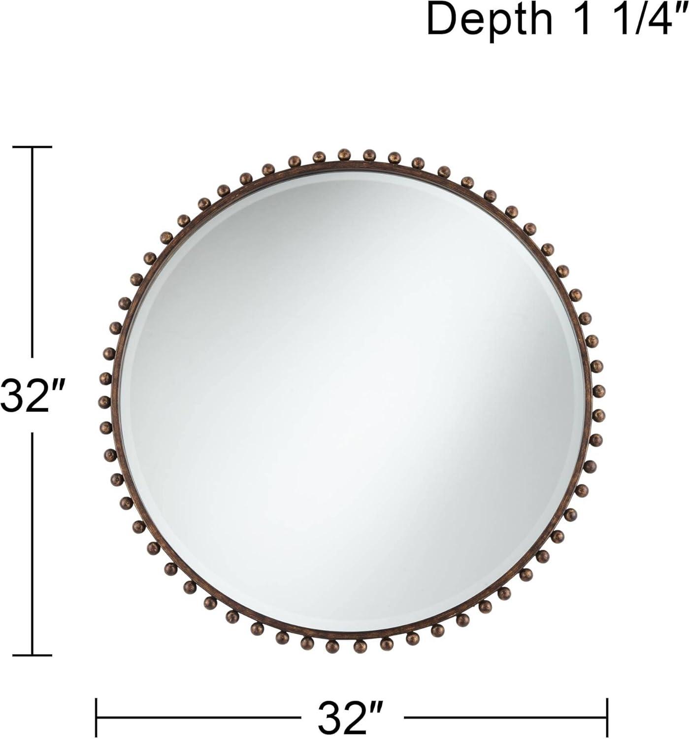 Uttermost Round Vanity Decorative Wall Mirror Rustic Beveled Glass Dark Bronze Beaded Iron Frame 32" Wide for Bathroom Living Room