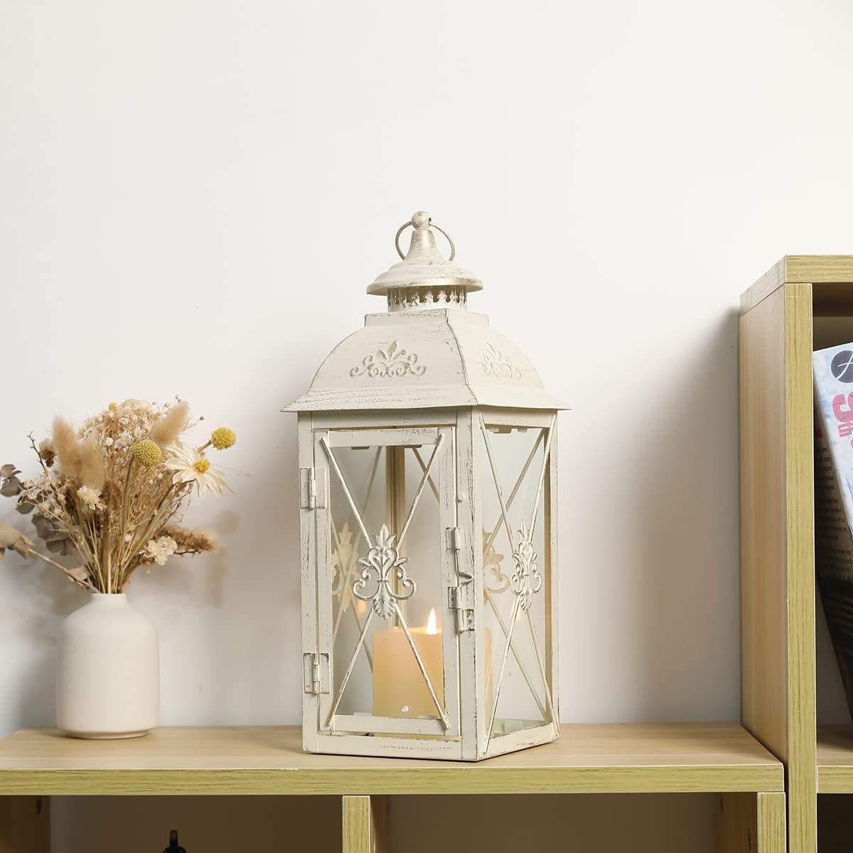 Vintage Hanging Lantern - 13.5'' Decorative Metal & Tempered Glass Candle Holder - Ideal for Indoor/Outdoor Events, Patio, Garden, Parties - Elegant Design with White & Gold Brush Finish