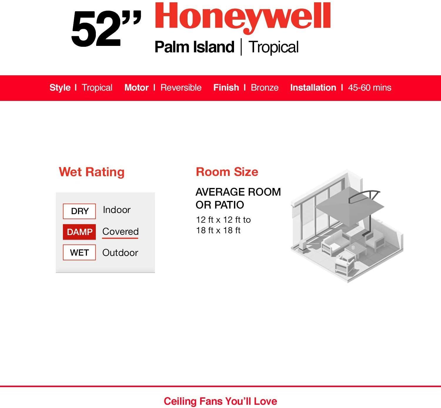Honeywell Ceiling Fans Palm Island, 52 Inch Tropical Indoor Outdoor Ceiling Fan with No Light, Pull Chain, Three Mounting Options, 5 Palm Leaf Blades, Wet-Rated - 50207-01 (Bronze)