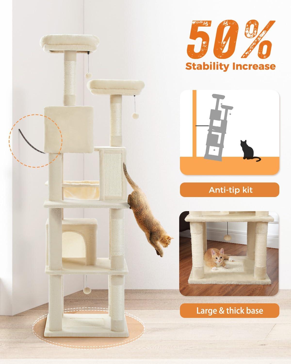 Tall Cat Tree 70.9", Large Cat Tower for Indoor Cats, Multi-Level Plush Cat Condo with 6 Scratching Posts, 2 Scratching Boards, 2 Perches, 2 Caves, Hammock, 2 Pompoms, Beige