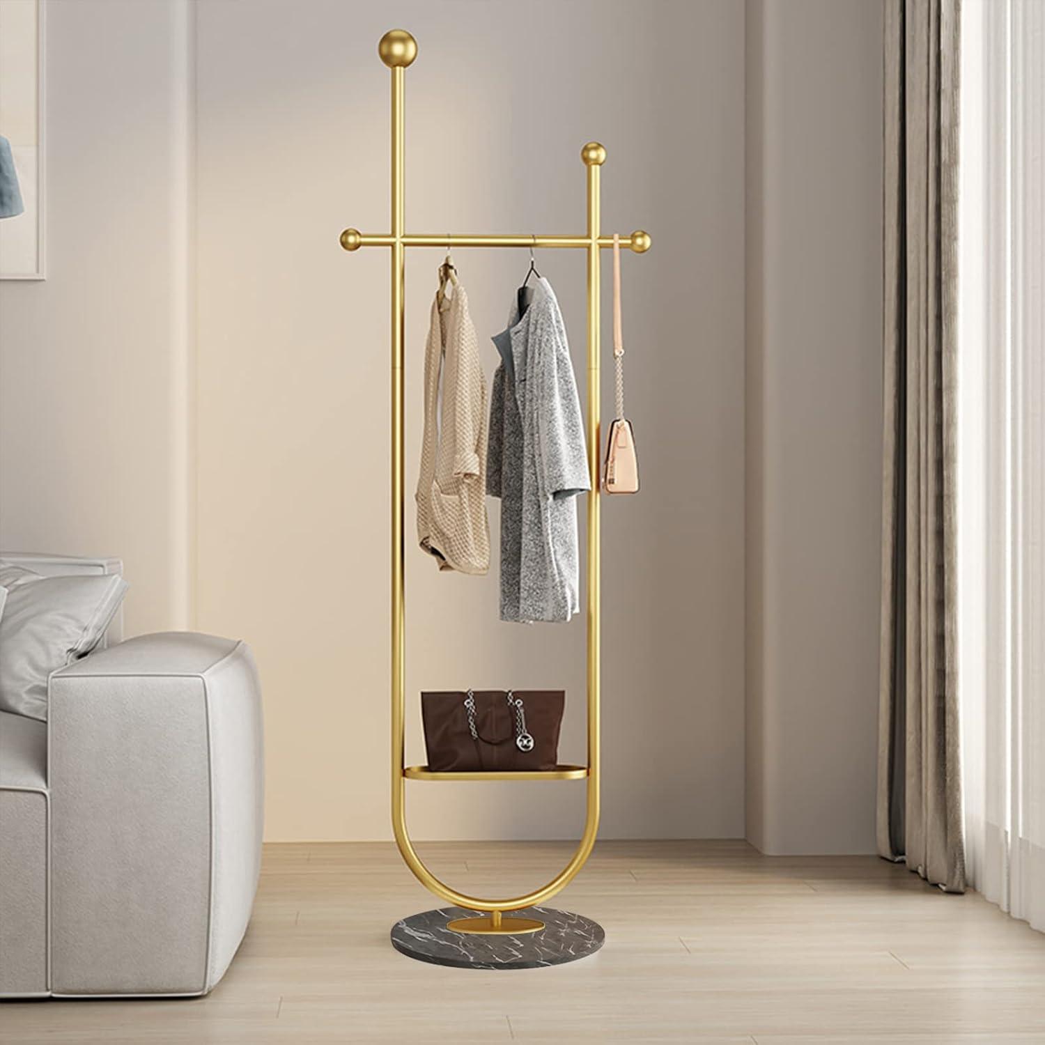 Gold Clothing Garment Rack with Marble Base and Tray, Modern Minimalist Hanging Clothes Rack, for Coats, Hats, Scarves and Handbags of Entryway, Hallway, Bedroom, Office（Golden）