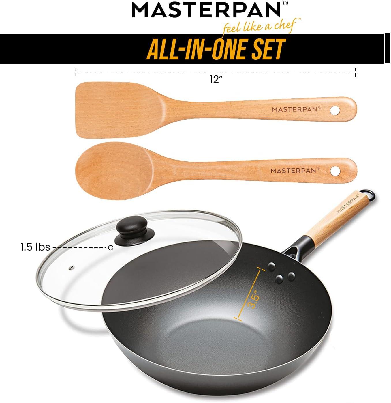 MasterPan Inc. Masterpan Carbon Steel Wok With Glass Lid Wooden Utensils Non-Stick Flat Bottom Asian Stir-Fry