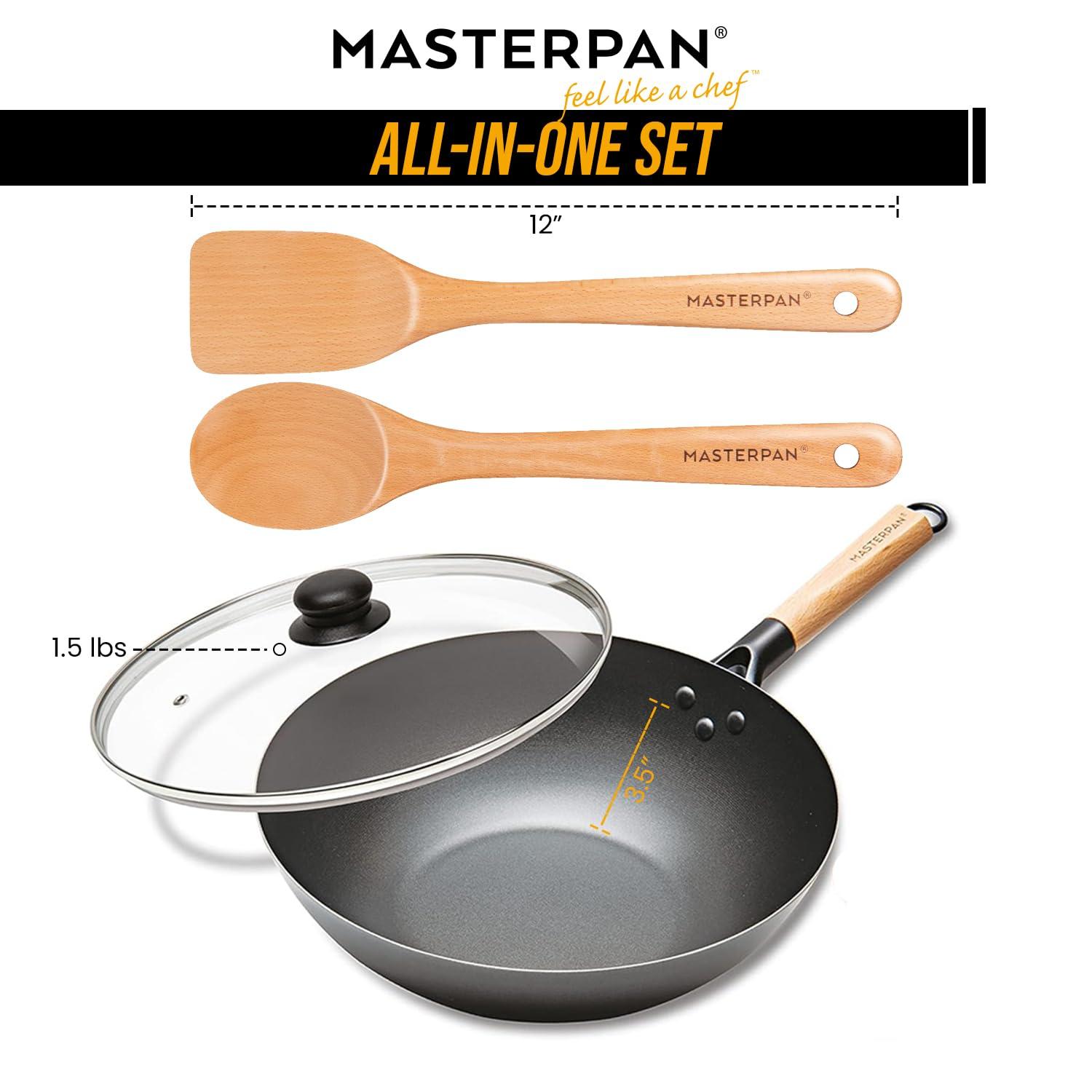 MasterPan Inc. Masterpan Carbon Steel Wok With Glass Lid Wooden Utensils Non-Stick Flat Bottom Asian Stir-Fry