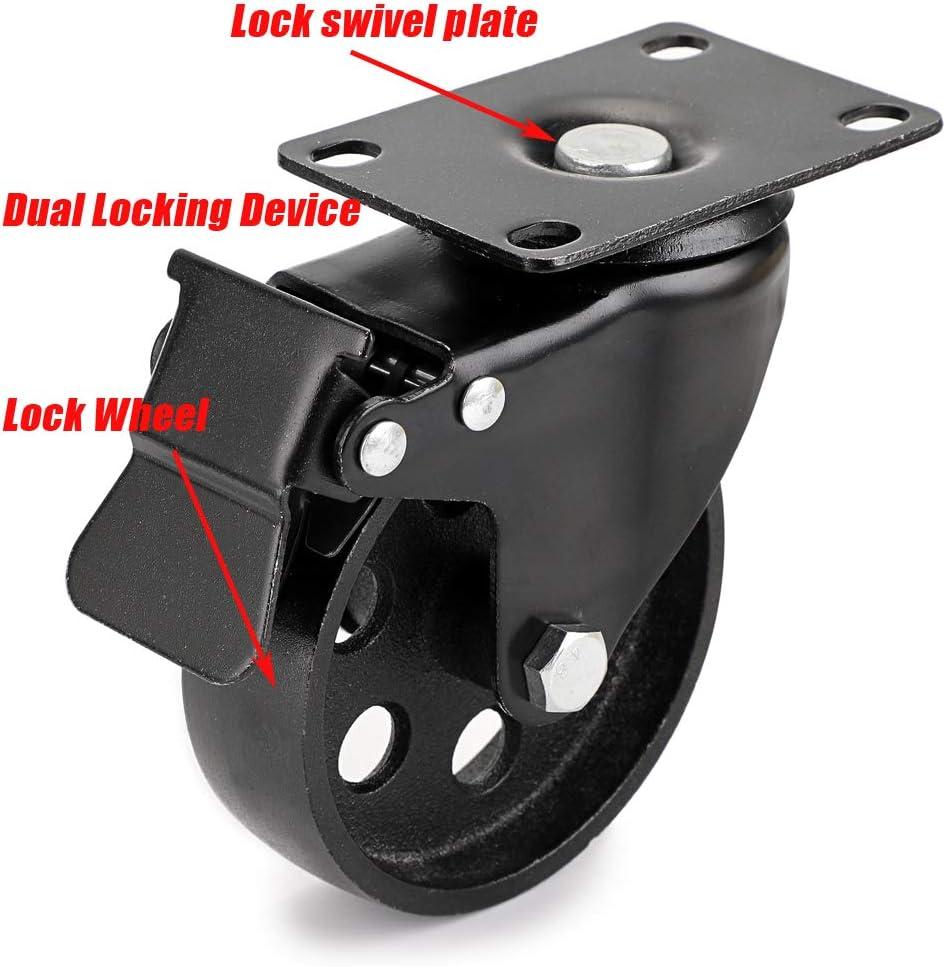 Skelang 3” Plate Caster Wheel, Cast Iron Swivel Plate Casters with Dual Locking for Vintage TV Stand, Coffee Table, Welding Cart, Total Load Capacity 1080Lbs, Pack of 4