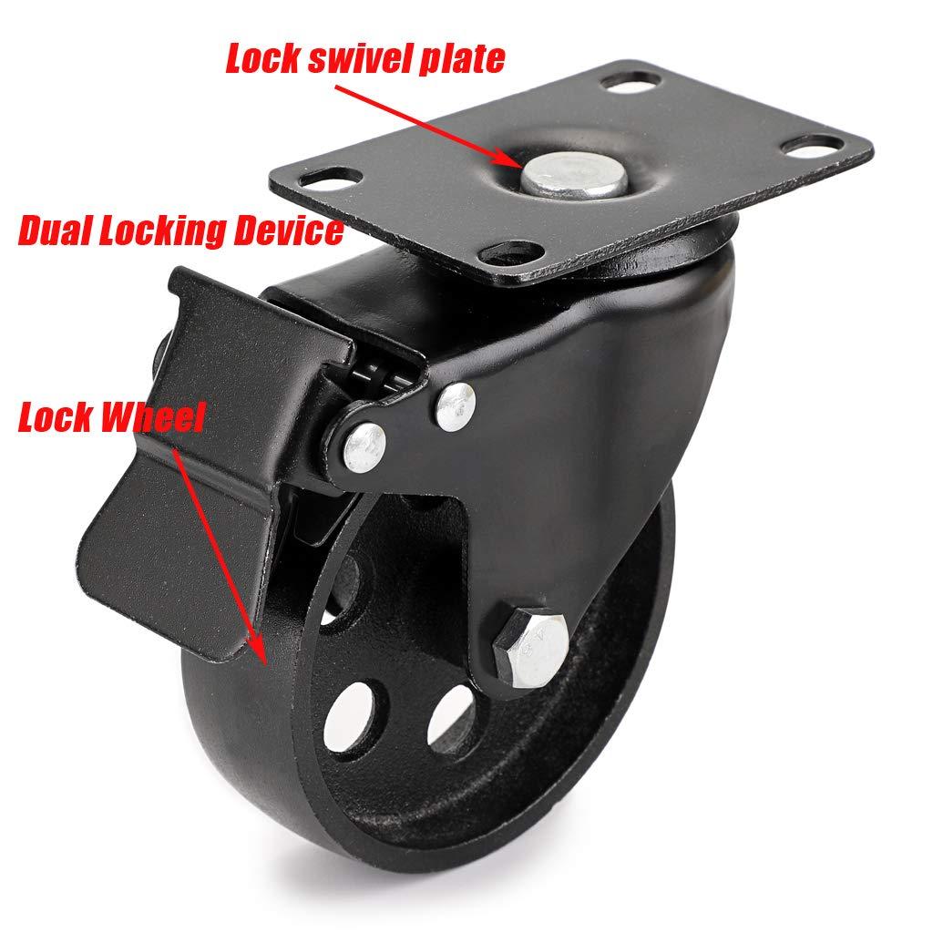Skelang 3” Plate Caster Wheel, Cast Iron Swivel Plate Casters with Dual Locking for Vintage TV Stand, Coffee Table, Welding Cart, Total Load Capacity 1080Lbs, Pack of 4