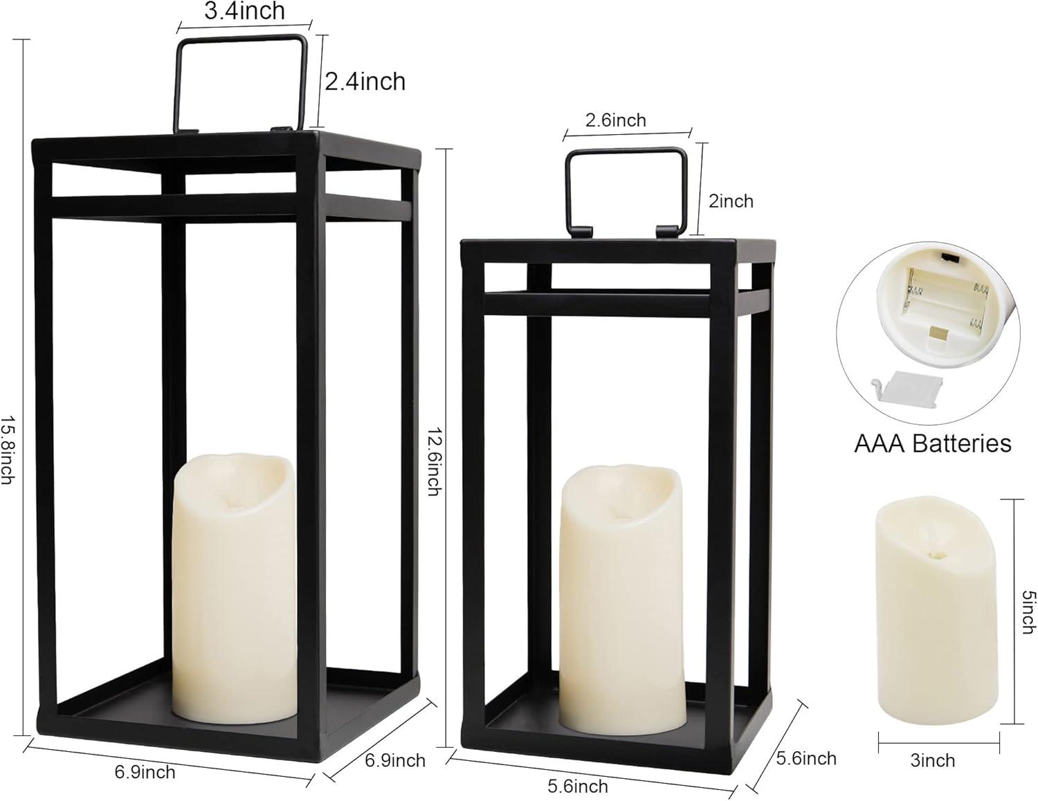 Black Metal LED Candle Lanterns Set with Timer, 15.8'' & 12.6''