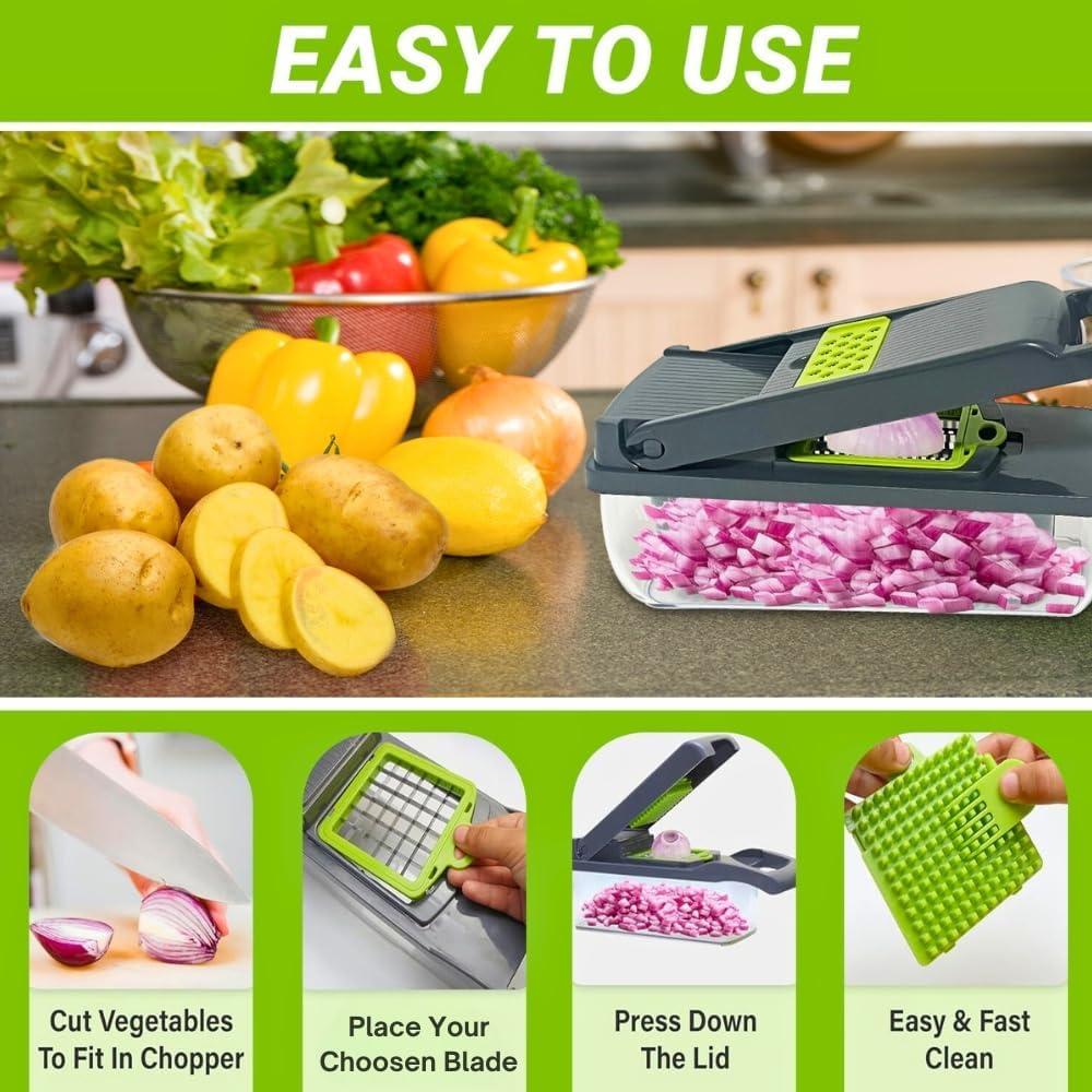 16-in-1 Vegetable Chopper | Fruit Chopper | Onion Chopper | Food Chopper | Salad Chopper with 7 Stainless Steel Blades | Hand Guard | Cleaning Brush and Peeler with Storage Container