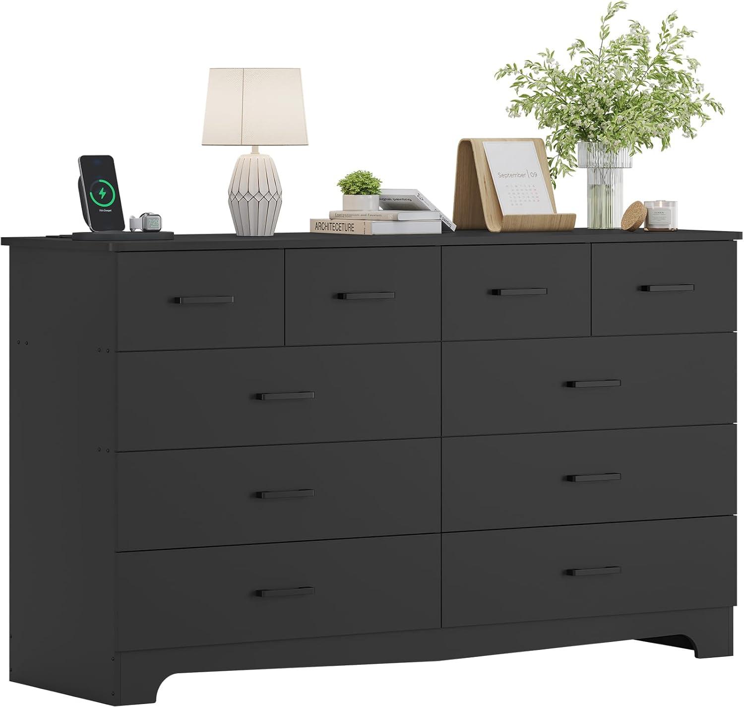 10 Drawers Dresser for Bedroom, Chest of Drawers with Charging Station, Bedroom Storage Organizer, Black