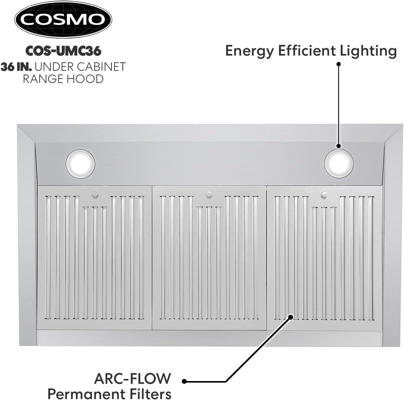 Cosmo 36" Stainless Steel 380 CFM Ducted (Vented) Under Cabinet Range Hood with Baffle Filter