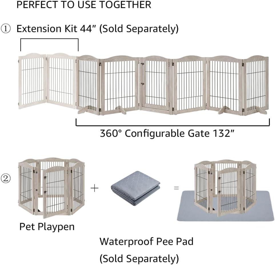 Unipaws Extra Wide Freestanding Dog Gate, 6 Panels Pet Playpen with Wood and Wire, Walk Through Dog Gate with 5 Support Feet