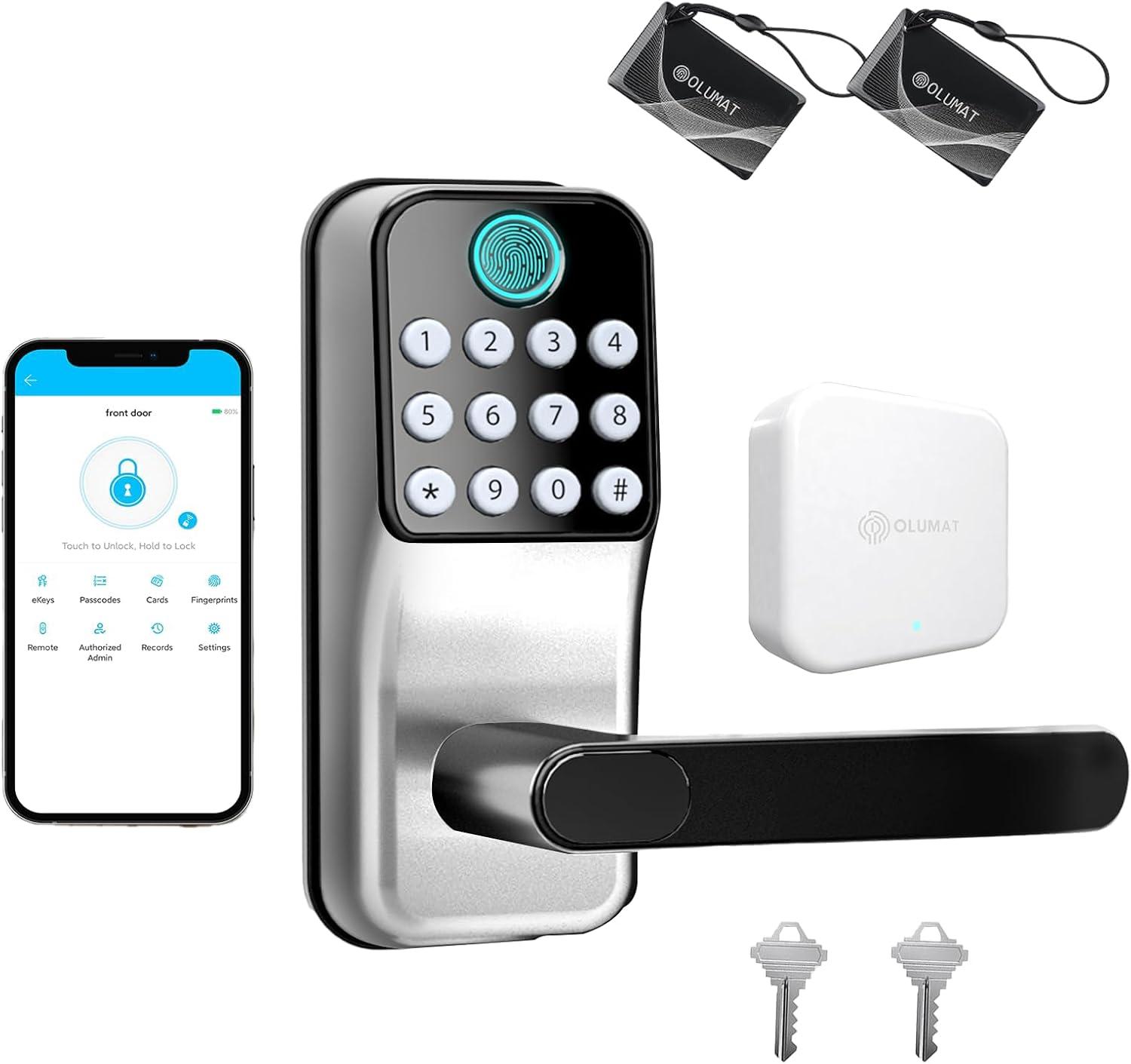 Smart Lock with Handle: Wi-Fi Keyless Entry Door Lock - Smart Locks for Front Door - Biometric Fingerprint Door Lock - Smart Door Lock with Keypad - Garage Door with App Control - Auto Lock