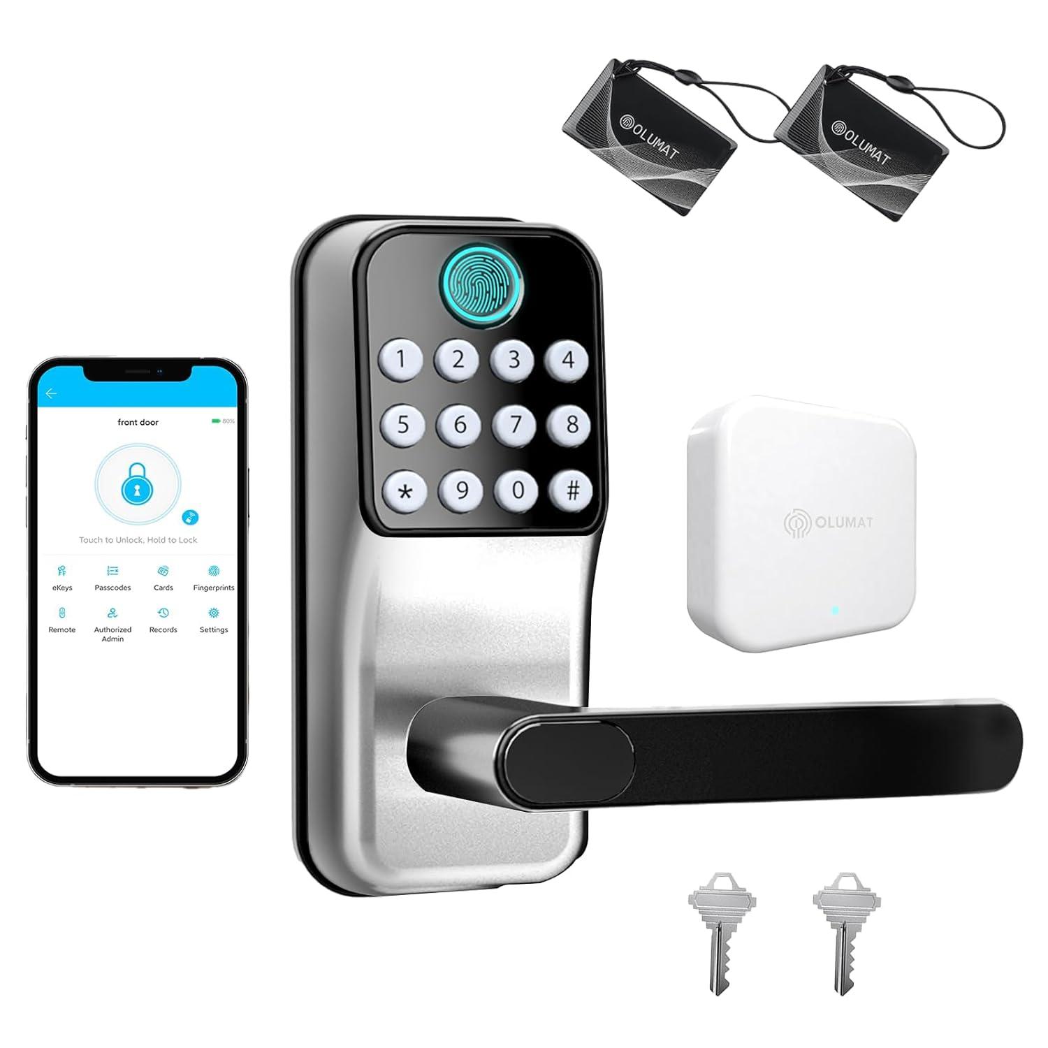 Smart Lock with Handle: Wi-Fi Keyless Entry Door Lock - Smart Locks for Front Door - Biometric Fingerprint Door Lock - Smart Door Lock with Keypad - Garage Door with App Control - Auto Lock