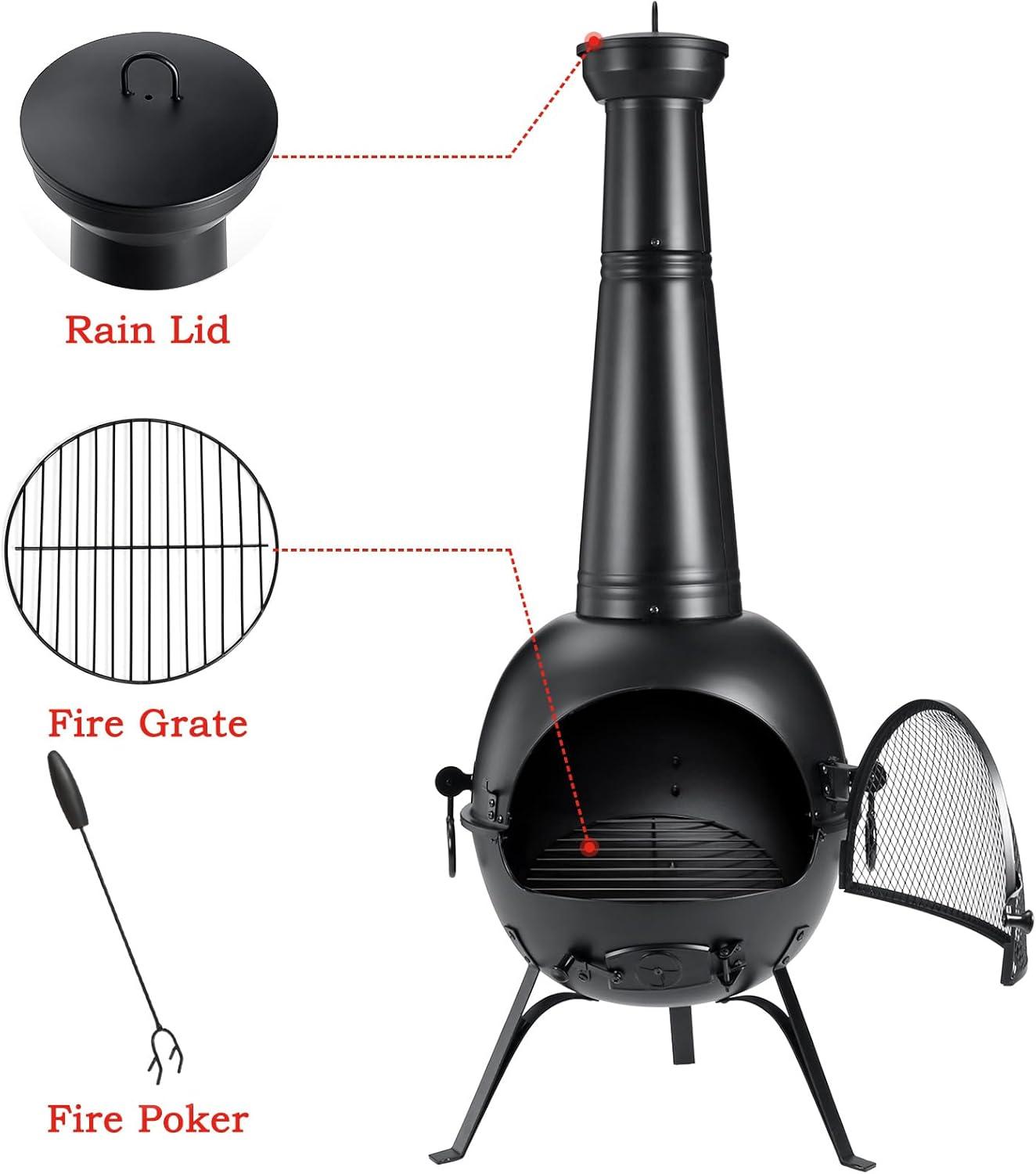 SINGLYFIRE 55 Inch High Fire Pit Fireplace with Chiminea Cover Rust-Free Iron Black