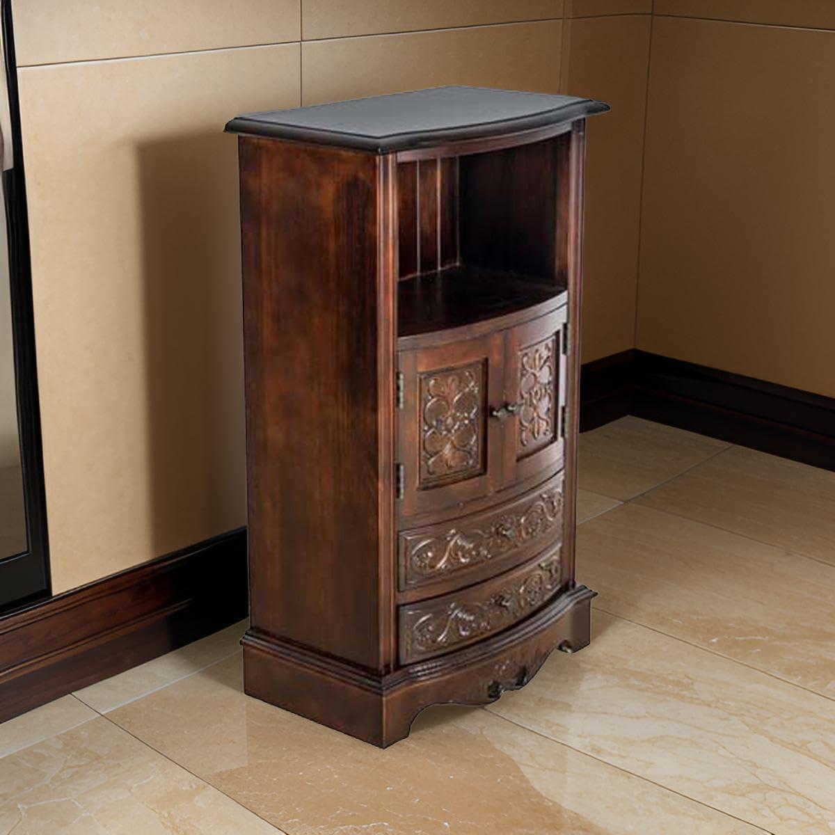 Brown Birchwood Engraved Storage Cabinet with 2 Drawers and 2 Doors