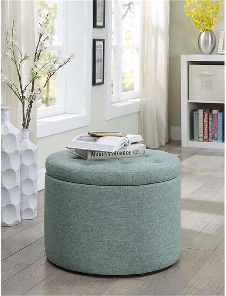 Tufted Round Green Faux Linen Shoe Ottoman with 12 Compartments