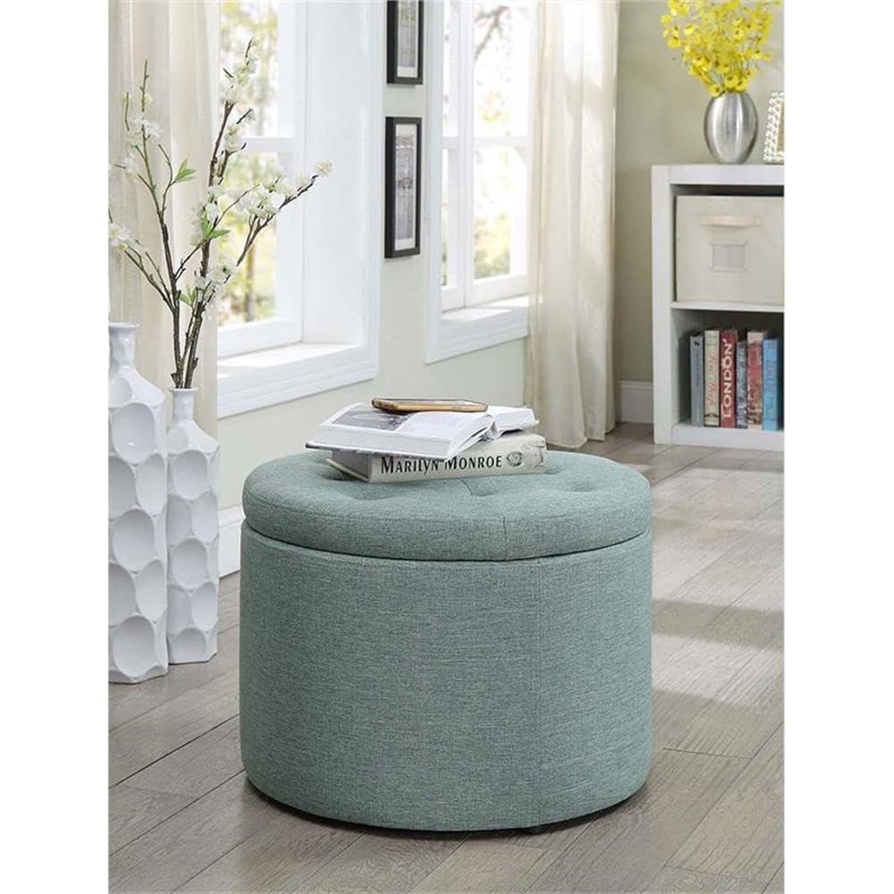 Tufted Round Green Faux Linen Shoe Ottoman with 12 Compartments