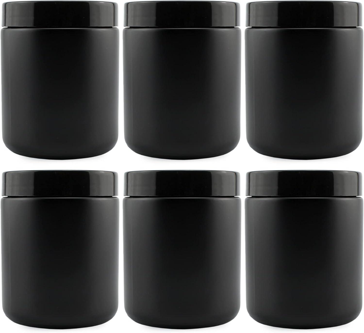 Cornucopia Brands 8oz /9oz Black Matte Coated Glass Cosmetic Jars (6pk) w/ Black Plastic Lids; Straight Sided for Body Butter, Creams, Scrubs