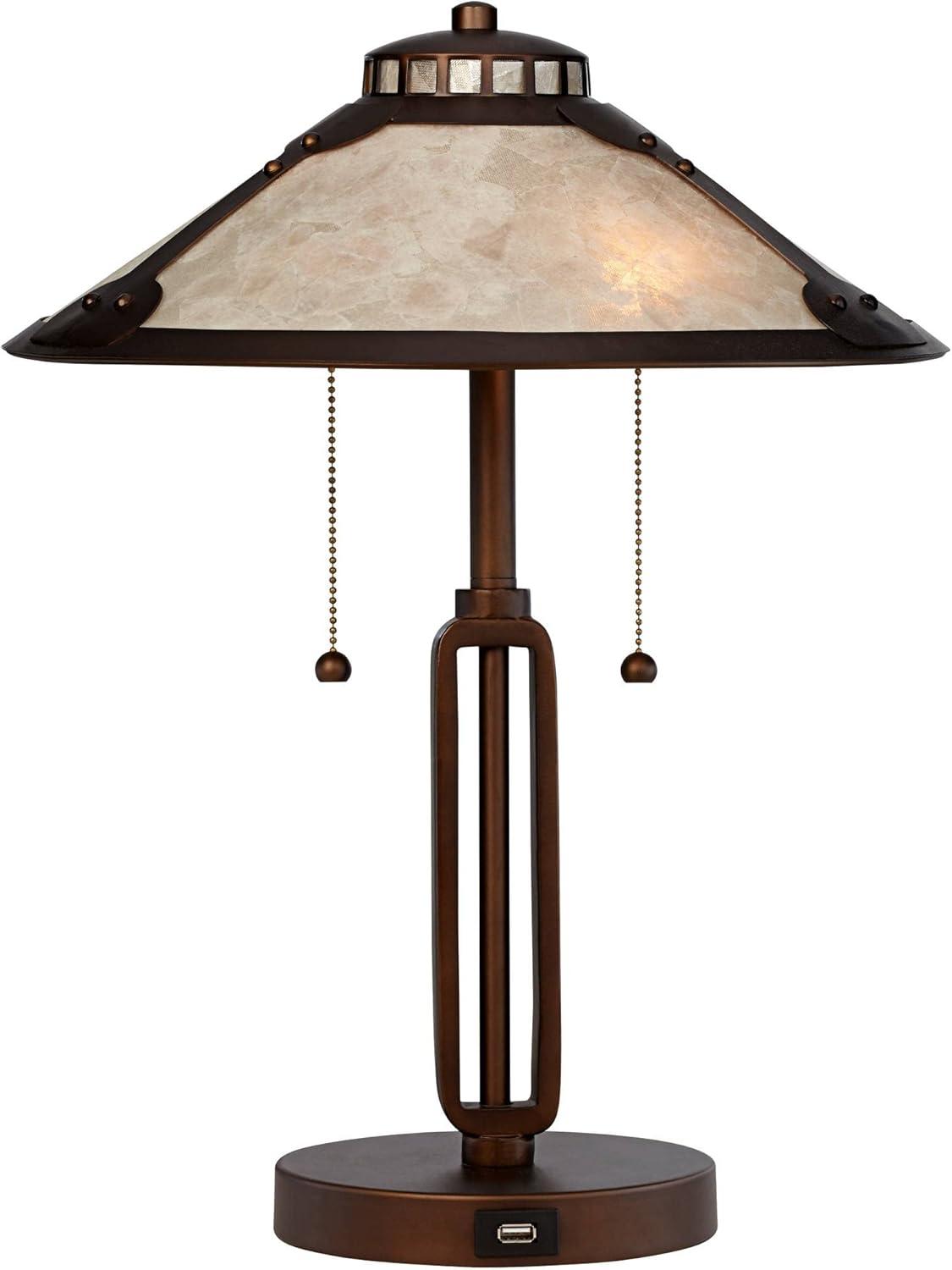 Franklin Iron Works Samuel Industrial Desk Lamp 20" High Rubbed Bronze with USB Charging Port Natural Mica Shade for Bedroom Living Room Bedside Desk