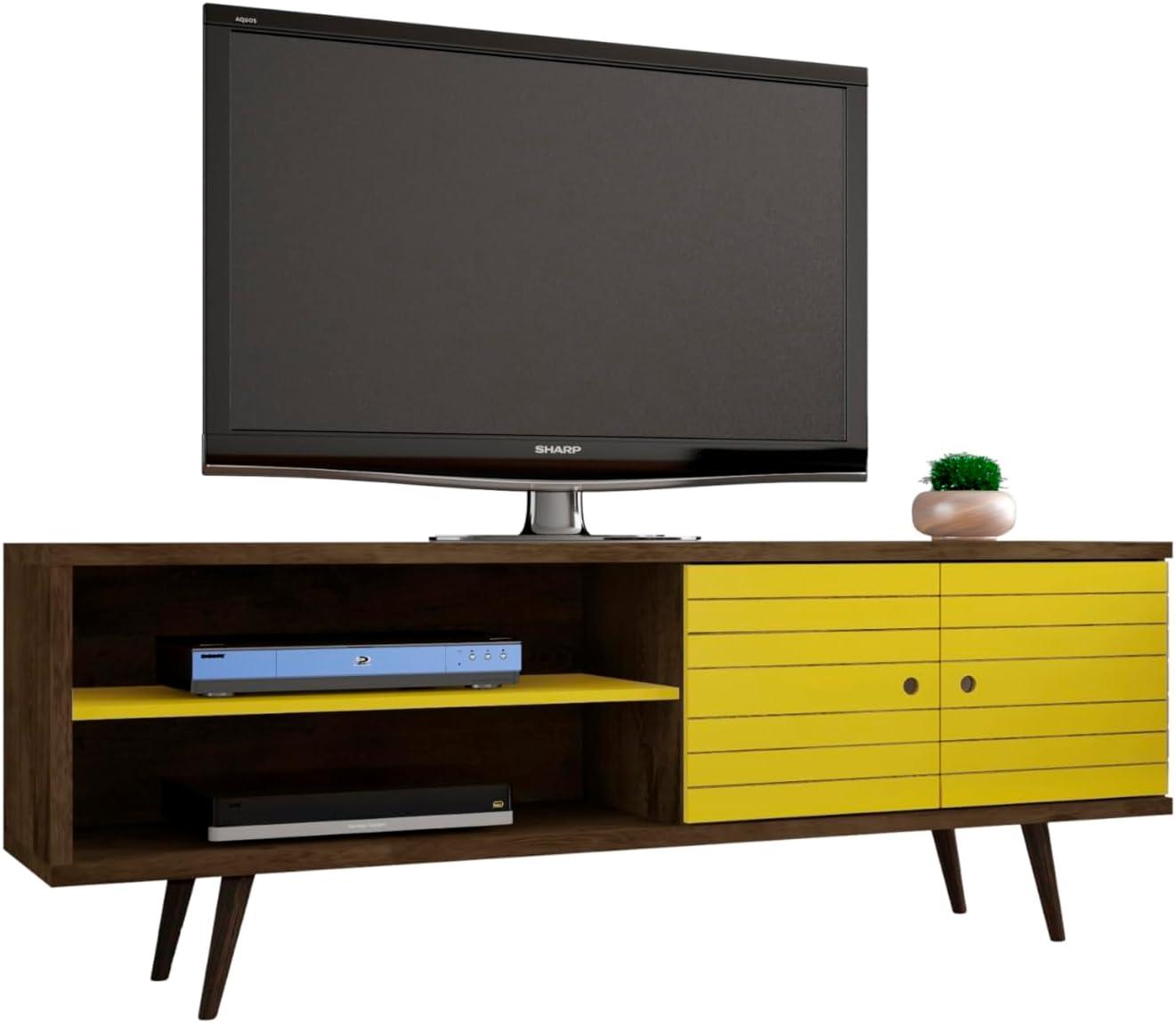 Liberty 63" Rustic Brown and Yellow Mid-Century Modern TV Stand with Cabinet