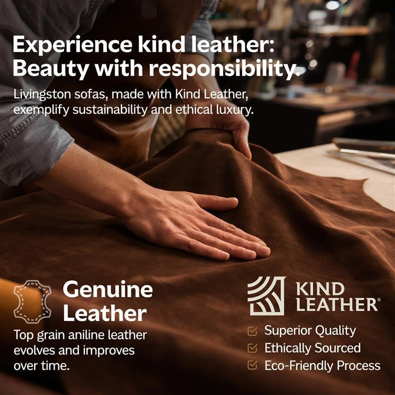 Simpli Home Livingston Top Grain Genuine Leather Mid-Century Modern Sofa With Solid Wood Frame For Living Room