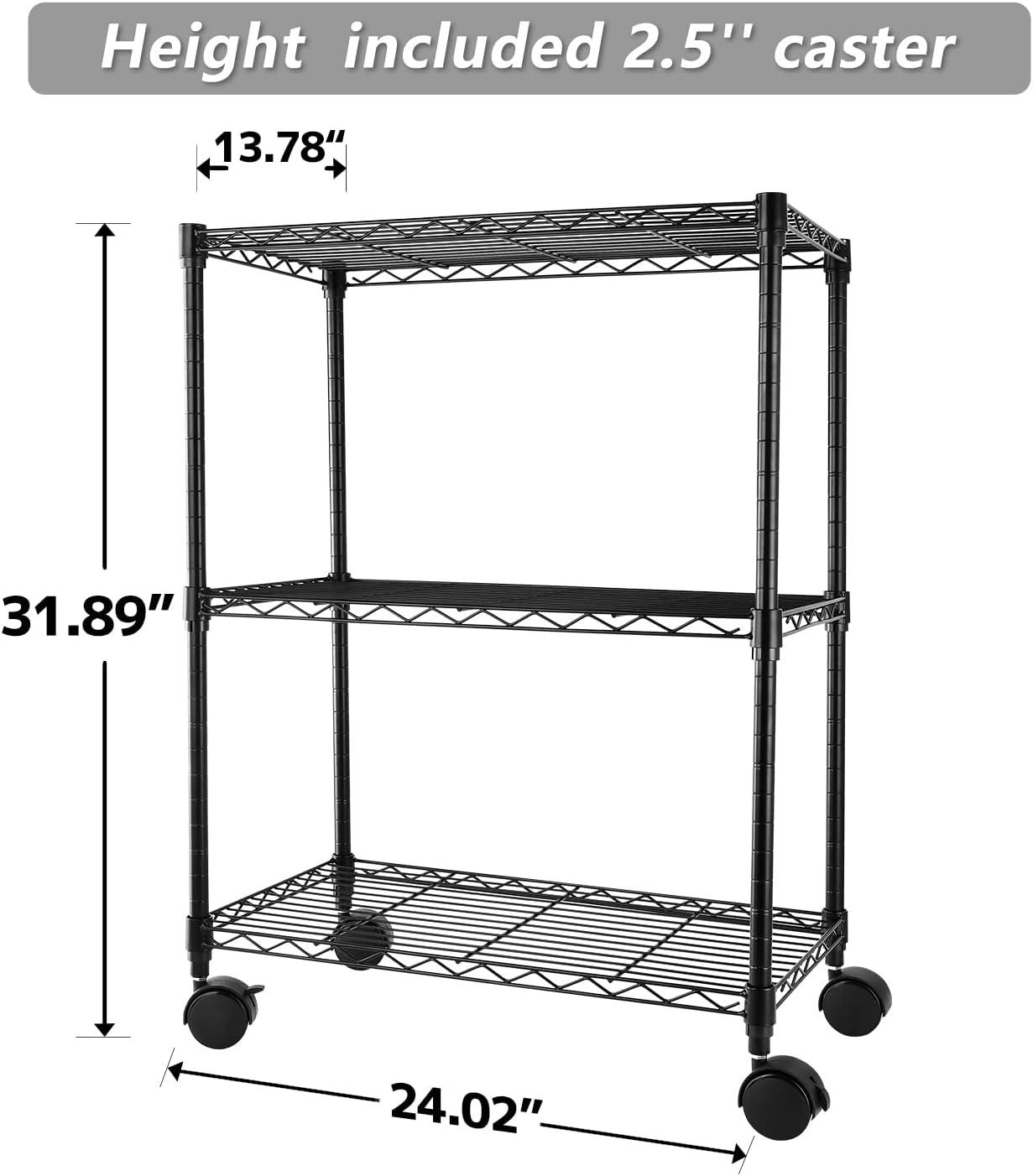 Simple Deluxe Heavy Duty 3-Shelf Shelving with Wheels, Adjustable Storage Units, Steel Organizer Wire Rack, 23" W x 13" D x 33" H, Black