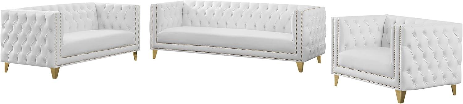 Michelle 90'' White Faux Leather Tufted Sofa with Gold Nailhead Trim