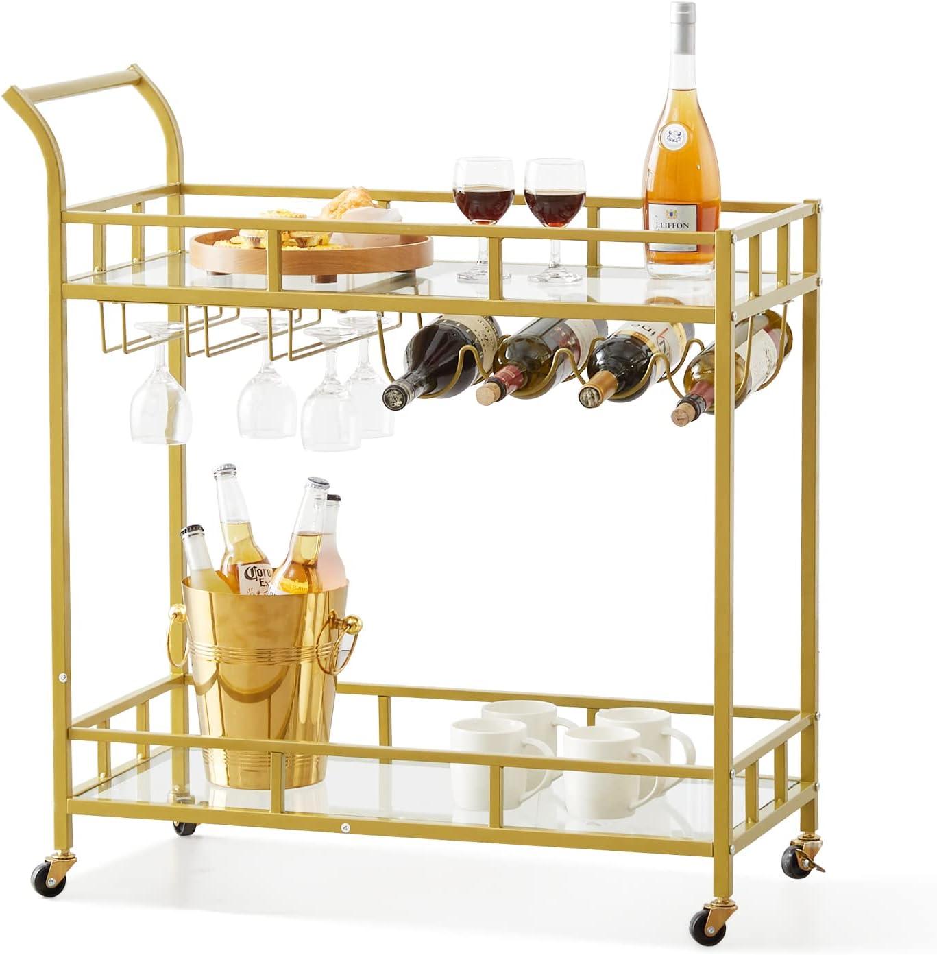 Gold Two-Tier Bar Cart with Wine Rack and Glass Shelves