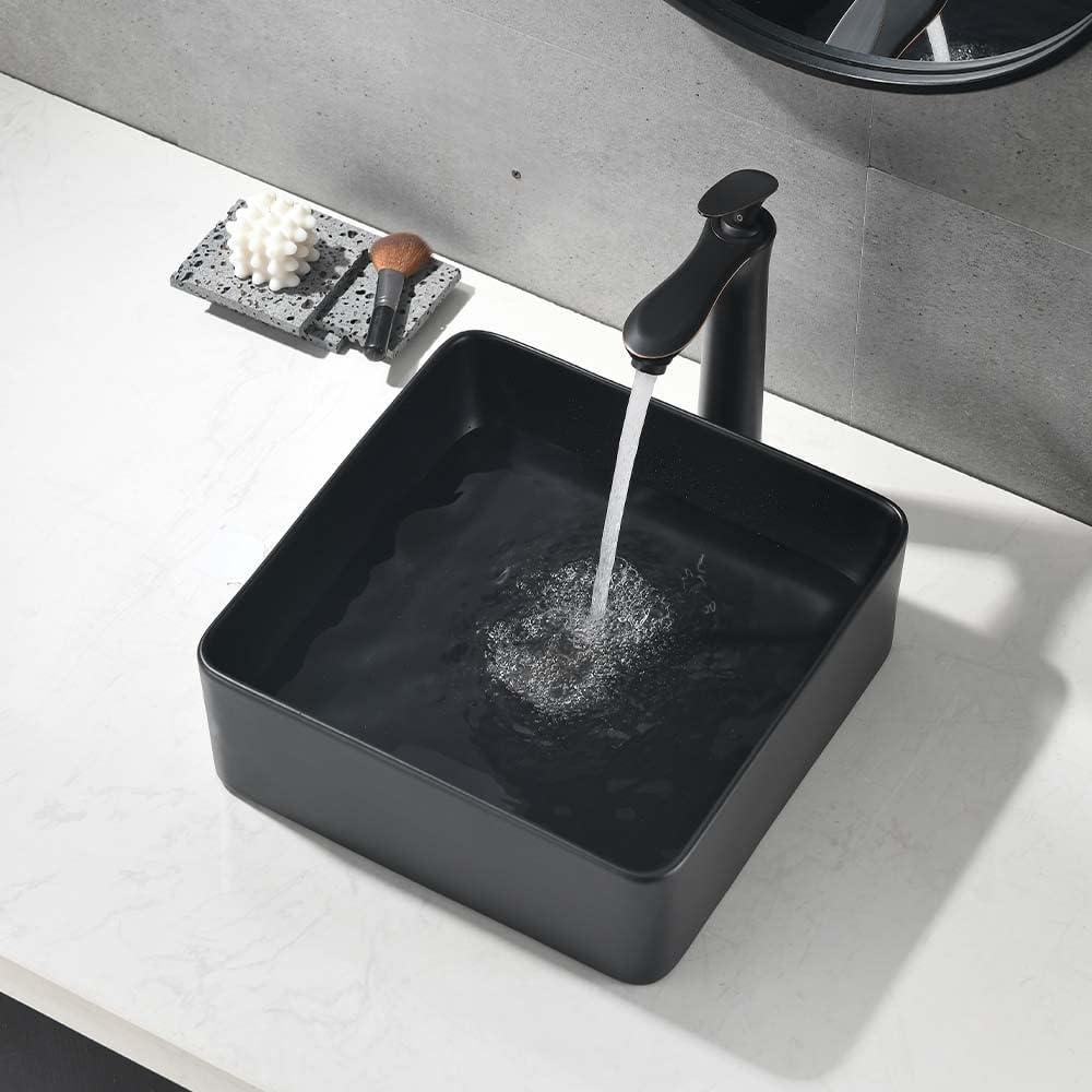 Matte Black Square Ceramic Above-Counter Vessel Sink with Pop-Up Drain