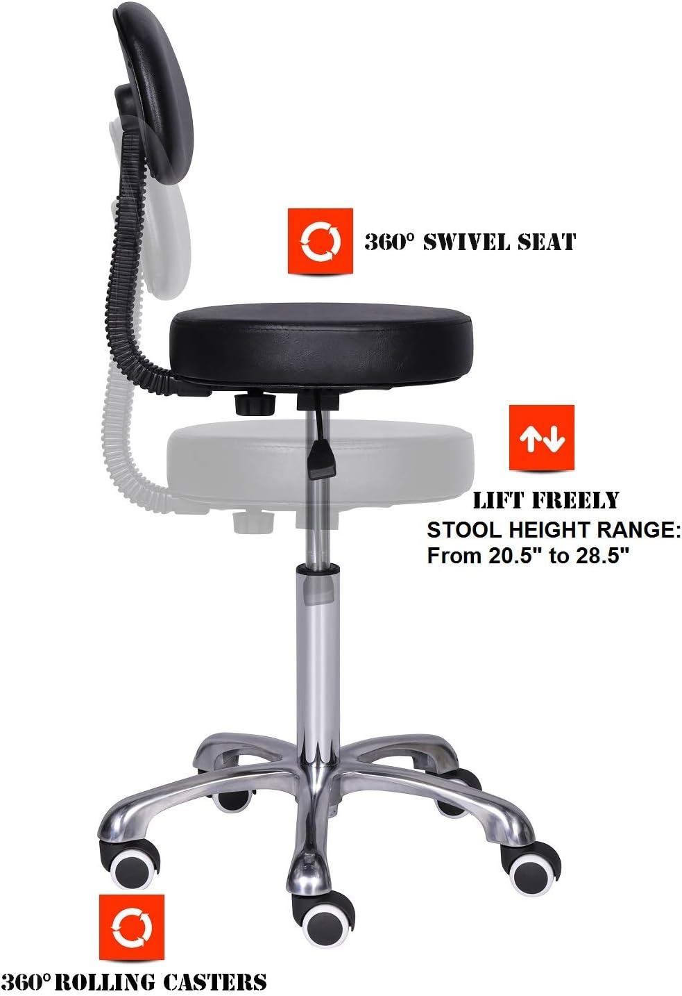 Kaleurrier Rolling Stool Salon Chair with Smooth-Rolling Wheels 360-degree Swivel Seat Heavy Duty Hydraulic Height Adjustable High Barber Cutting Stools (Black, with Backrest)
