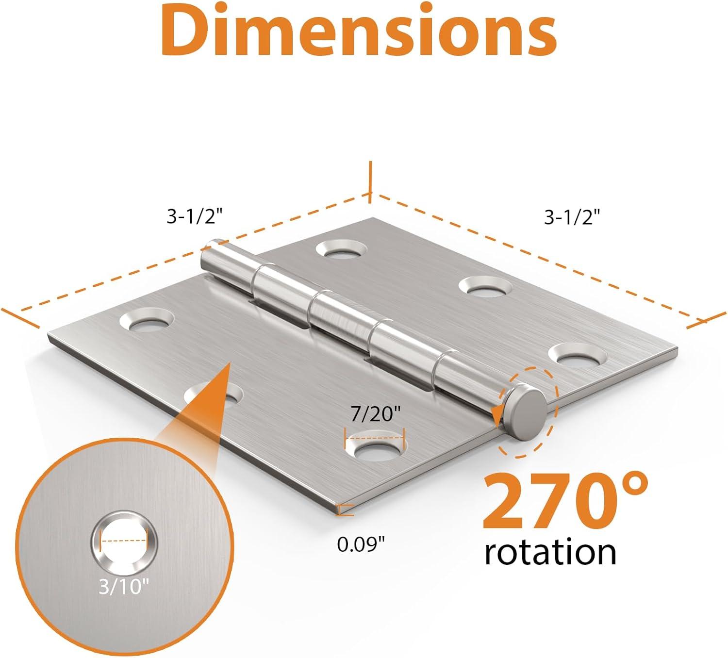 Brushed Nickel 3.5 Inch Square Corner Door Hinges - 3 Pack