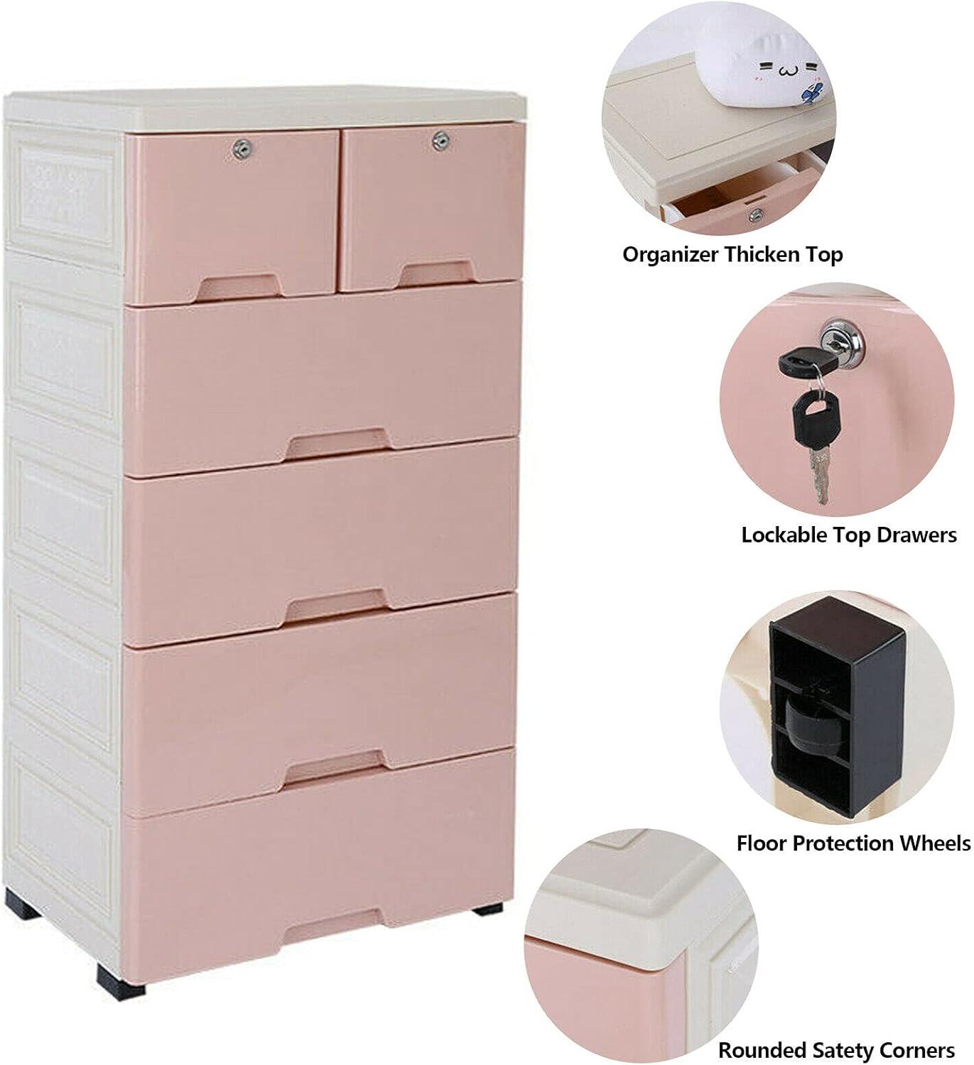 Pink 6-Drawer Plastic Storage Cabinet with Lock and Casters