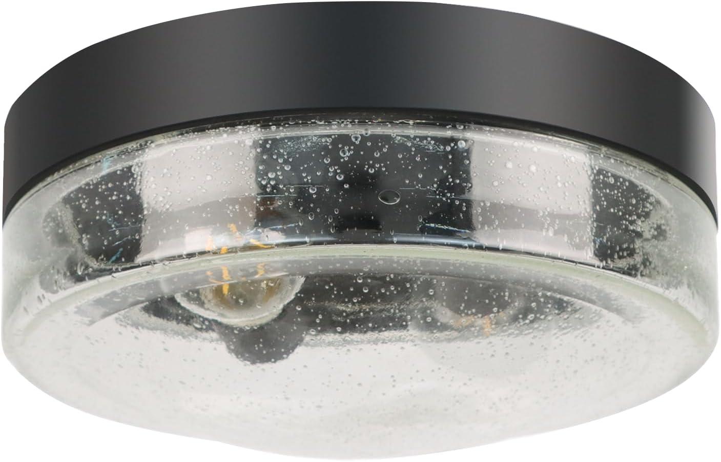 Matte Black 2-Light Flush Mount Ceiling Fixture with Seeded Glass Shade