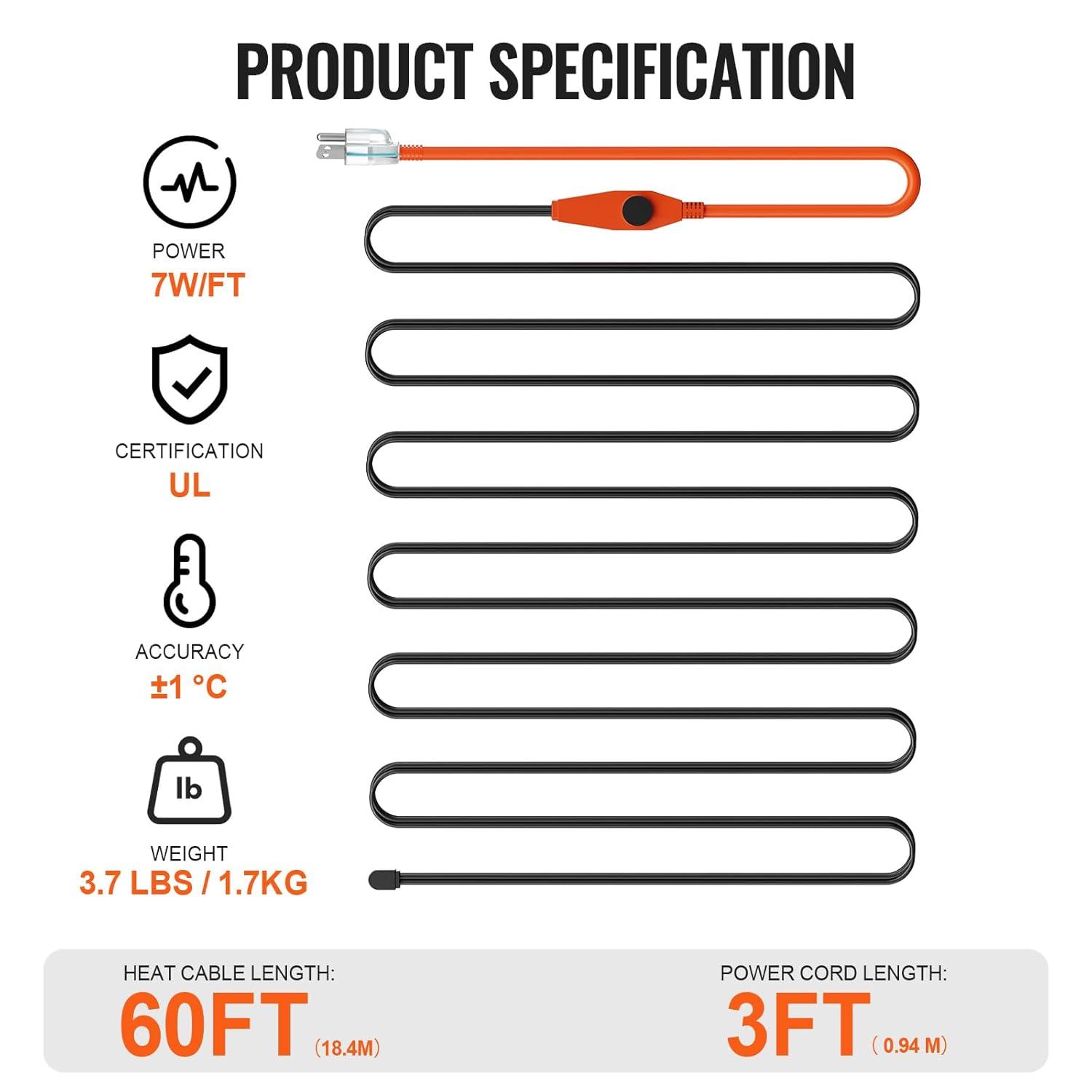VEVOR Pipe Heating Cable 24FT 7W/FT Heat Tape for Pipes with Built-in Thermostat