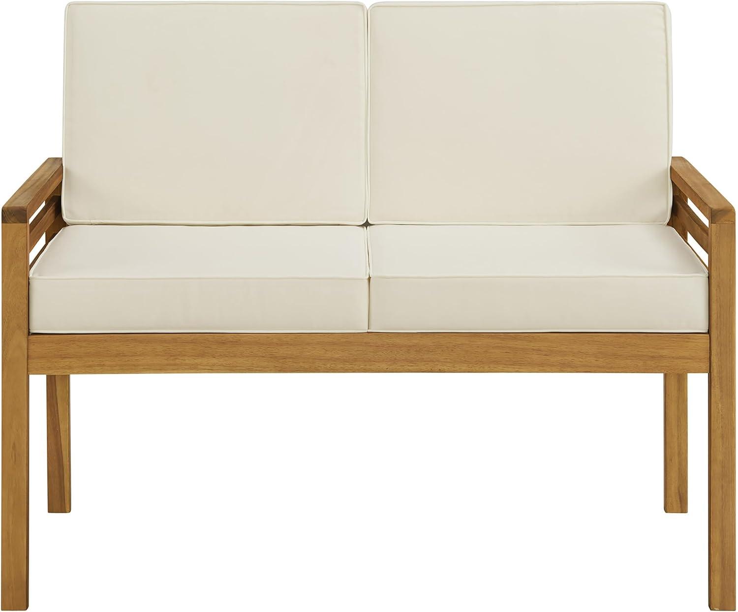 Natural Wood Two-Seater Outdoor Bench with Cream Cushions