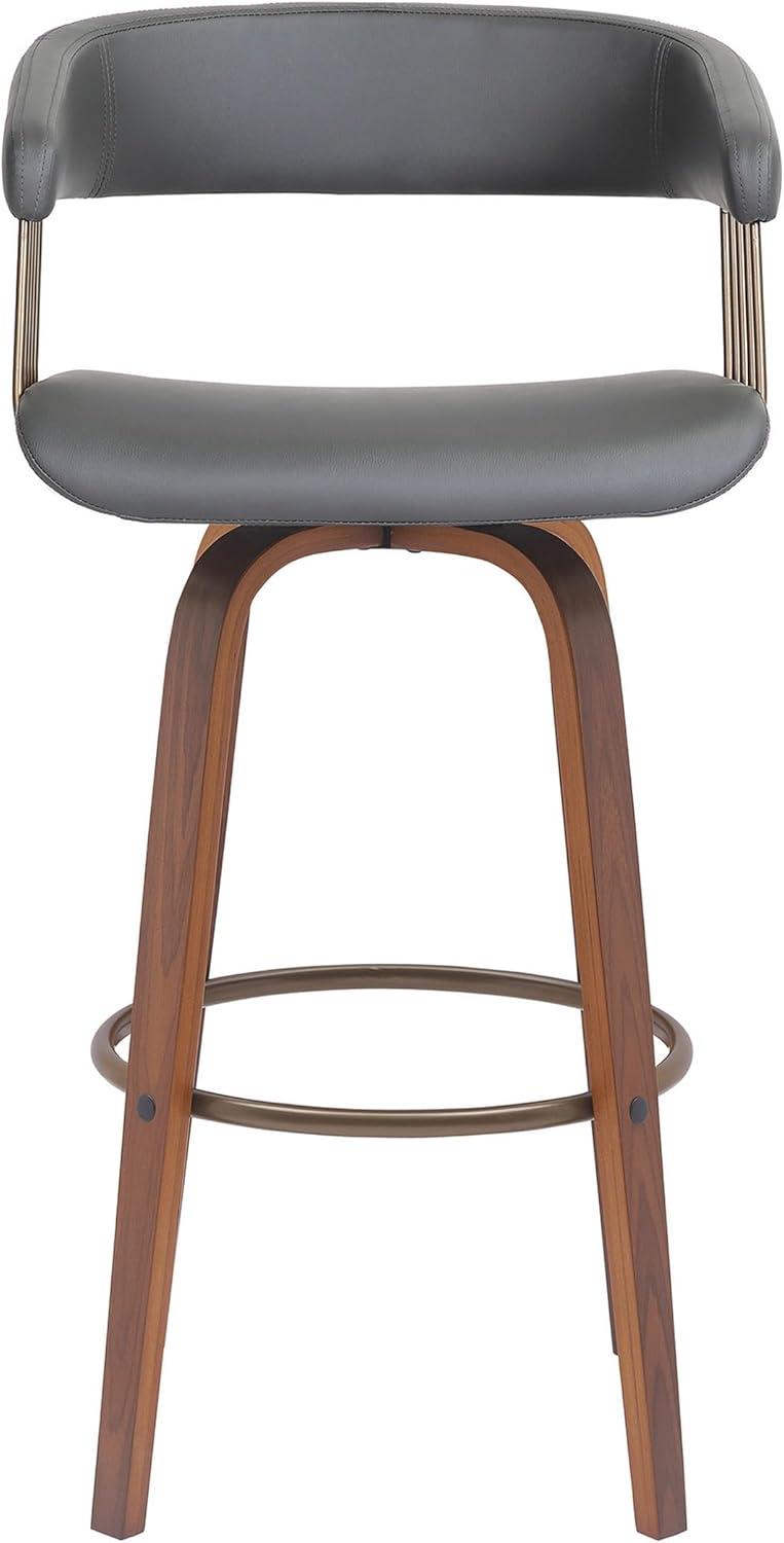 Gray Faux Leather Bronze and Walnut Swivel Barstool