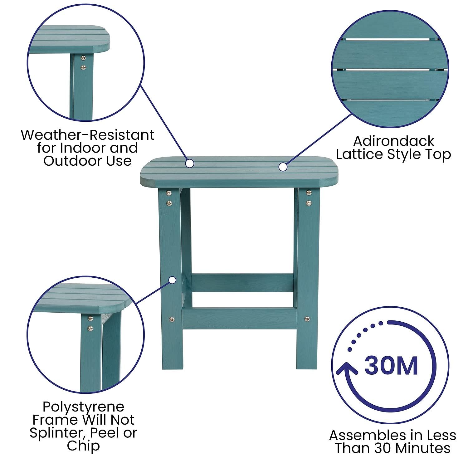 Flash Furniture Charlestown All-Weather Poly Resin Wood Adirondack Side Table in Teal