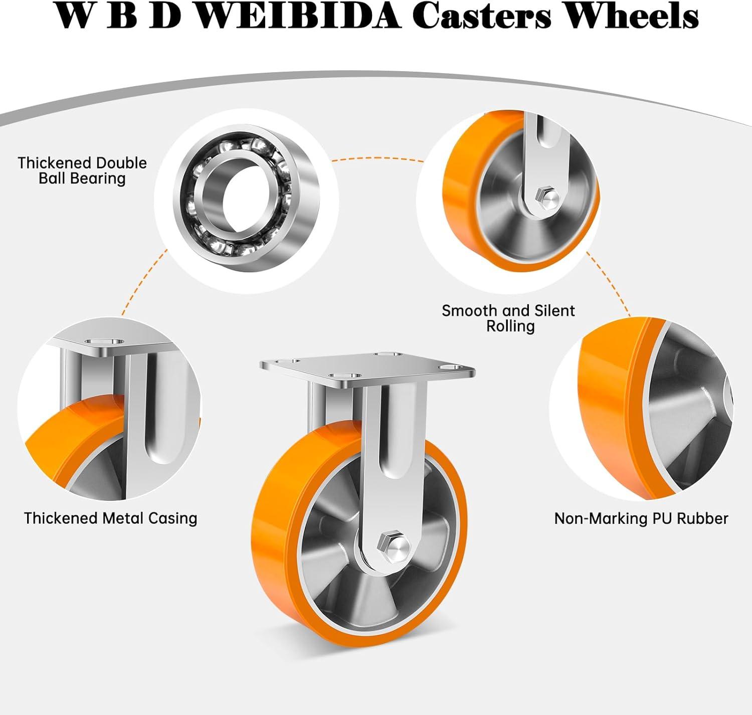 W B D WEIBIDA 6 Inch Industrial Fixed Casters (2 Pack), Maintenance-Free Polyurethane on Aluminum Wheels, Heavy Duty Casters Wheels 2500 Lbs, Industrial Rigid Casters for Hand Truck, Cabinet