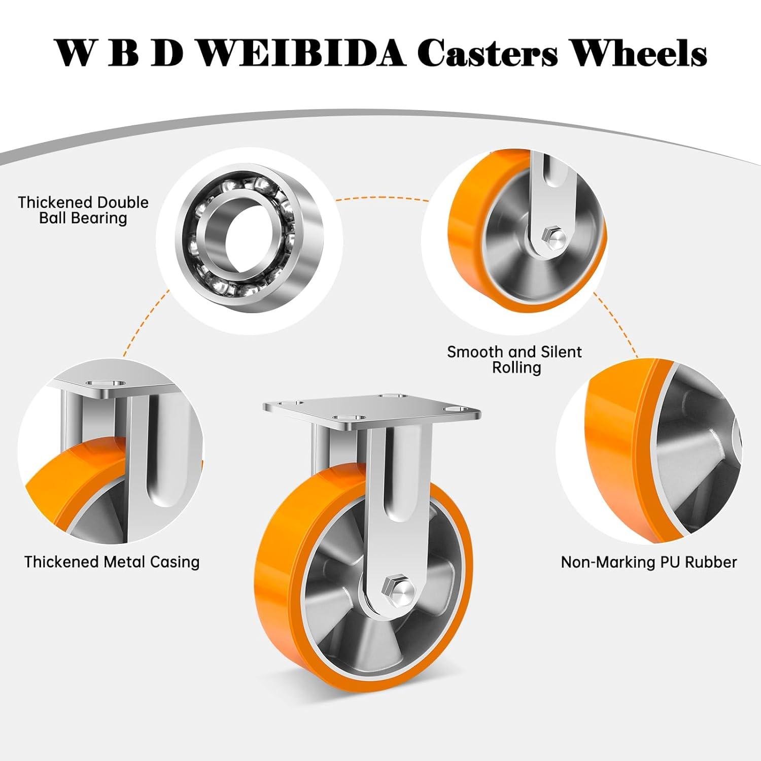W B D WEIBIDA 6 Inch Industrial Fixed Casters (2 Pack), Maintenance-Free Polyurethane on Aluminum Wheels, Heavy Duty Casters Wheels 2500 Lbs, Industrial Rigid Casters for Hand Truck, Cabinet