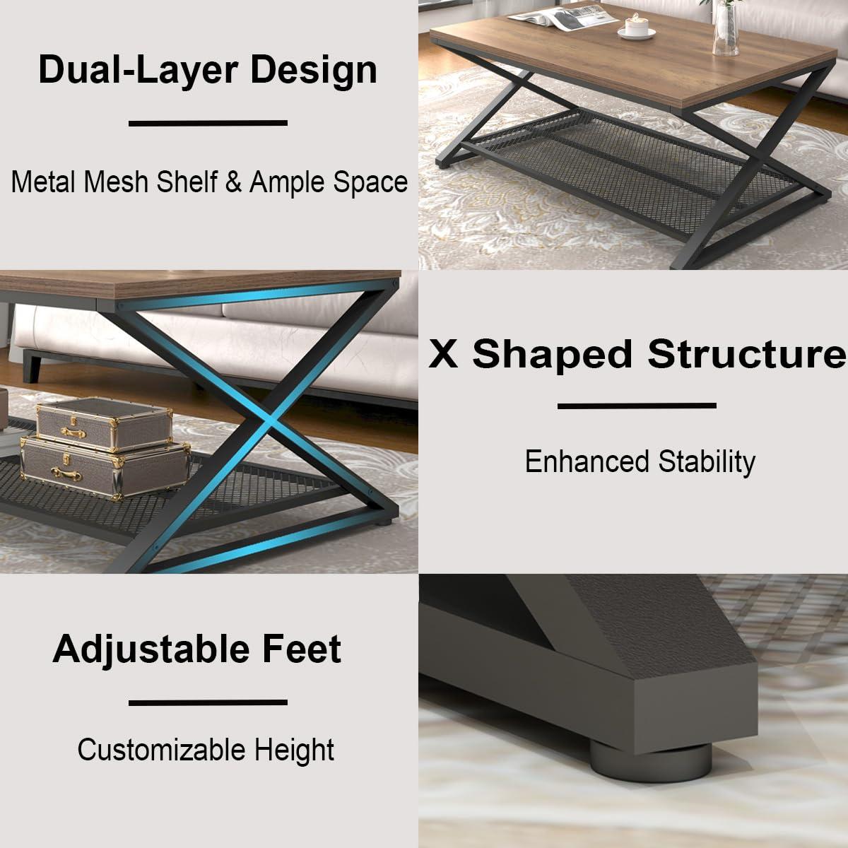 47 Inch Table with Storage Shelf, 2 Tier Rectangle Center Table Minimalist Home Tea Coffee Table