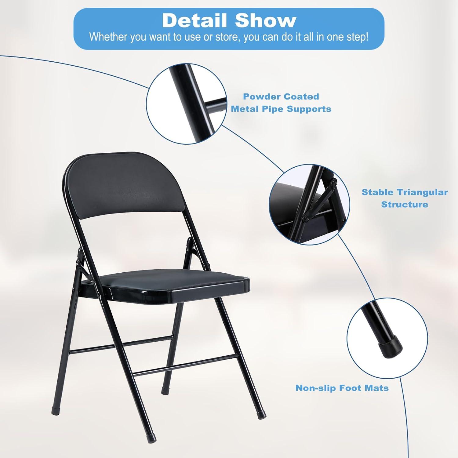 Ktaxon 6 Pack Folding Chairs Wedding Party Chair Foldable Dining Chairs with Metal Frame and Soft Cushion Black