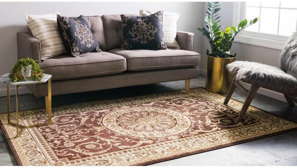 Brown and Cream Rectangular Synthetic Medallion Area Rug