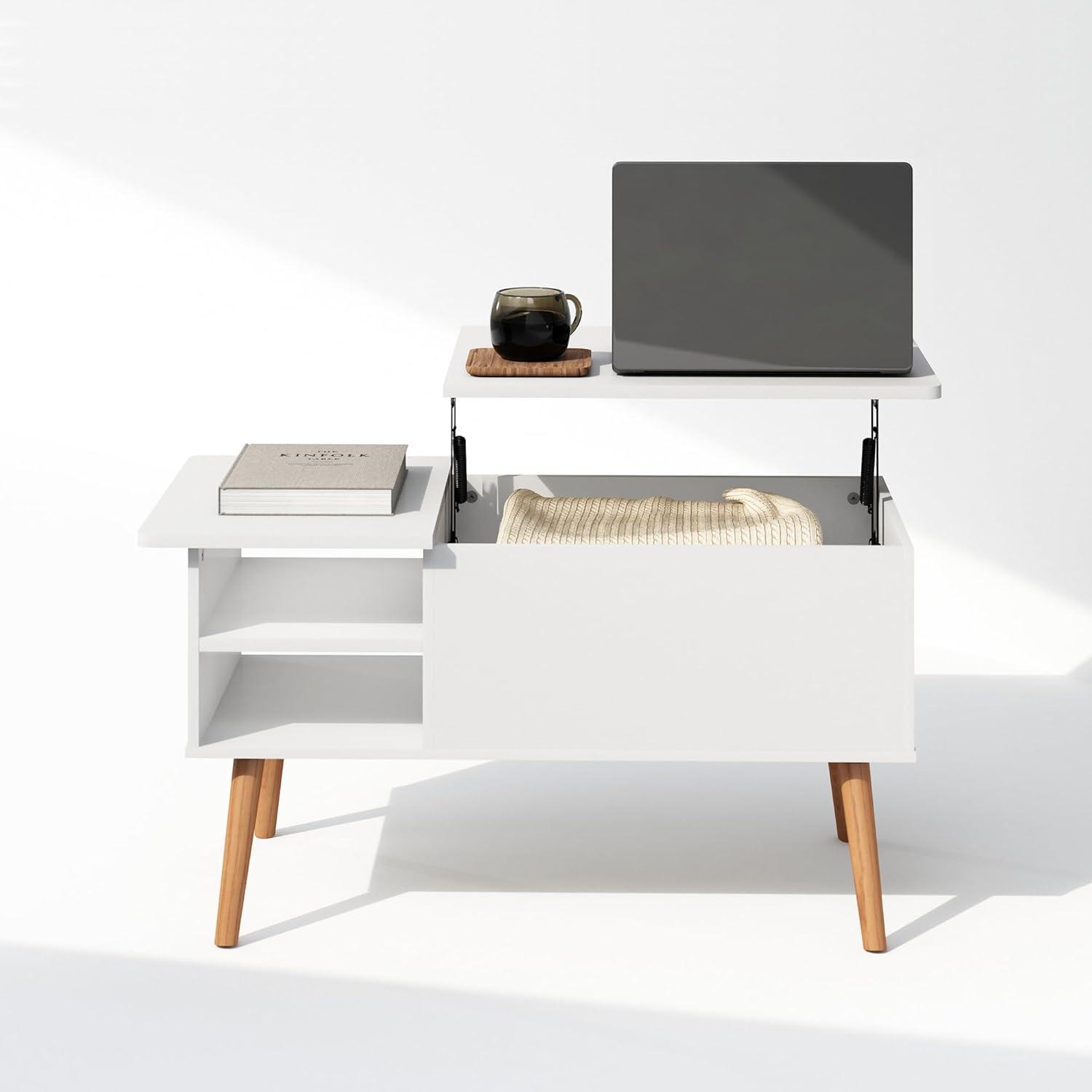 Furinno Jensen Wooden Leg Lift Top Coffee Table With Hidden Compartment and Side Open Storage Shelf for Living Room, Solid White