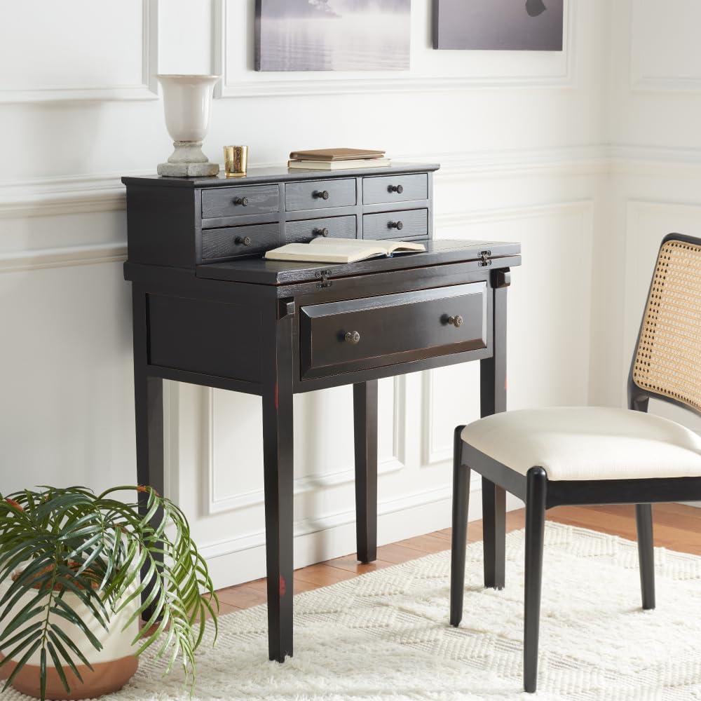 Transitional Black Wood Desk with 7 Drawers and Foldable Top