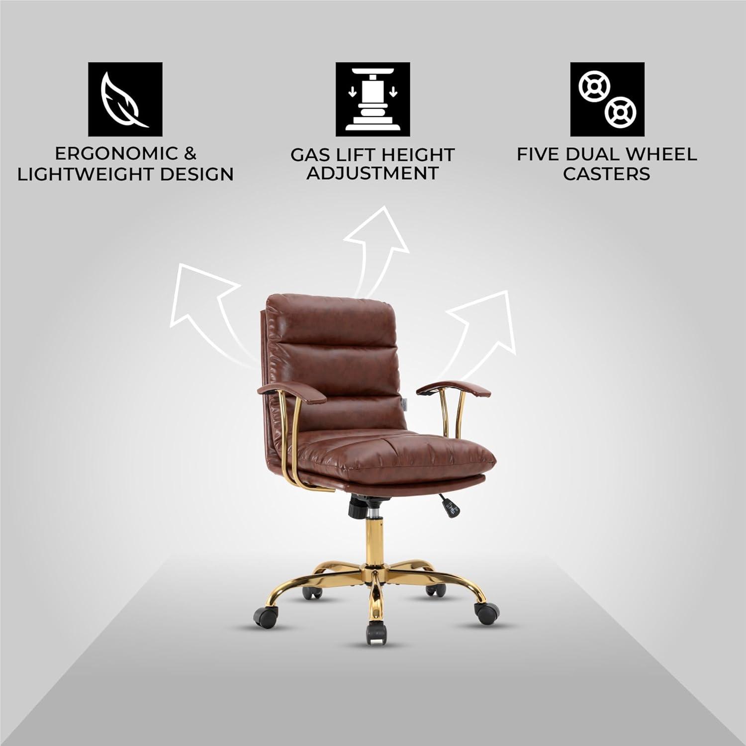 LeisureMod Regina Single Ergonomic Padded Leather Lumbar Support Adjustable Height Swivel Executive Office Chair with Gold Steel Frame